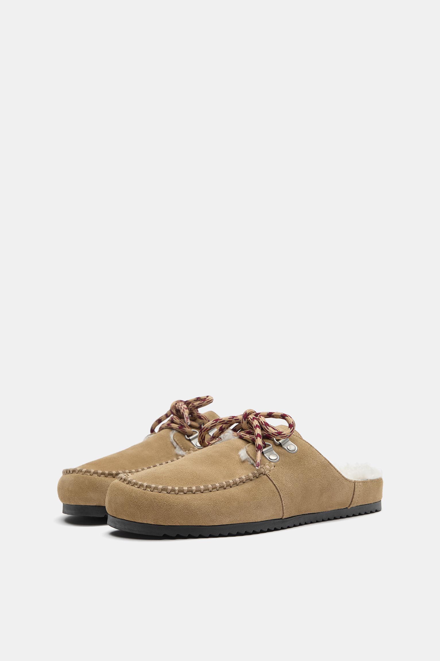 Faux shearling leather lace-up clogs — Sand