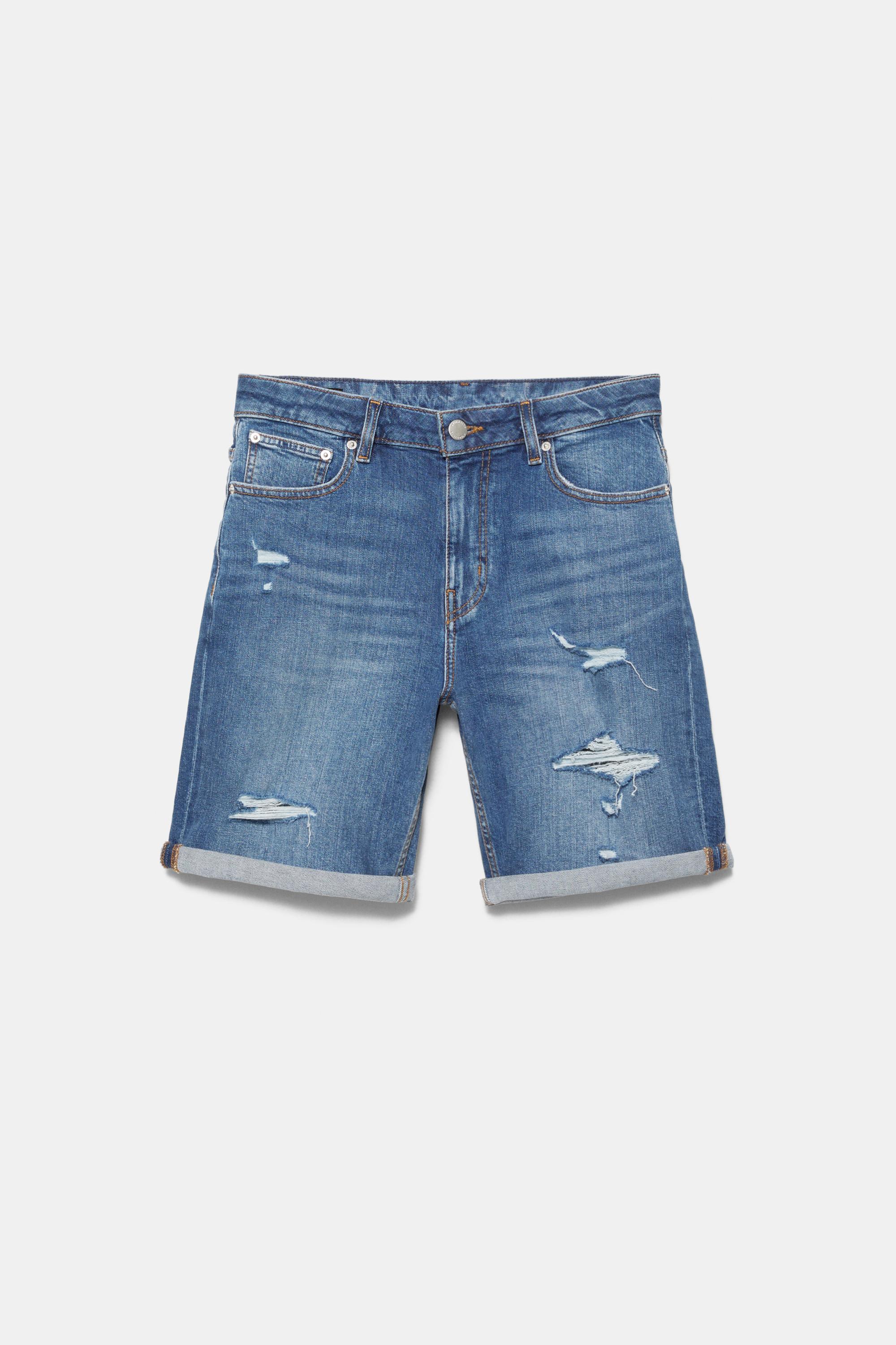 Ripped denim Bermuda shorts — Medium blue