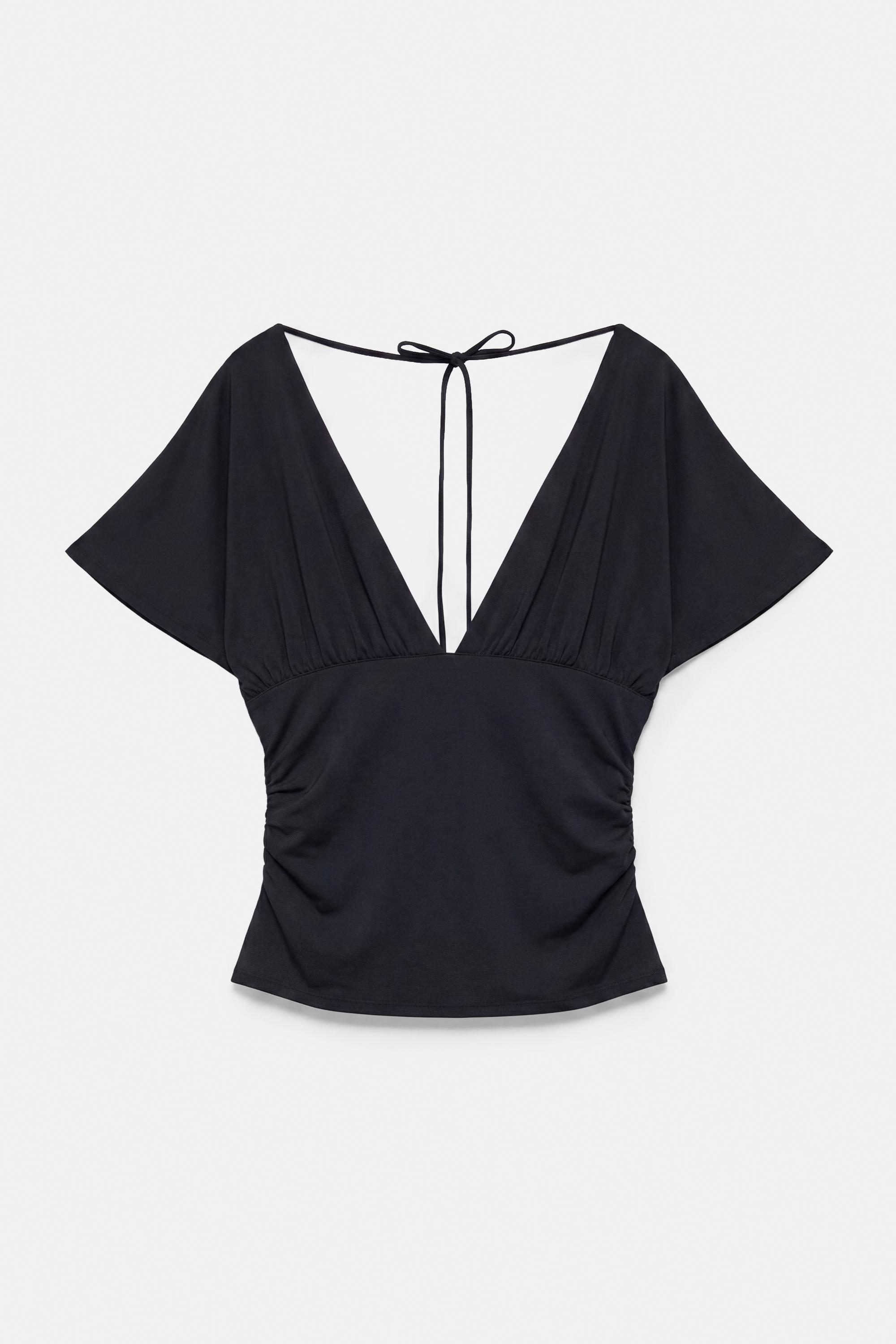 Gathered V-neck top — Black