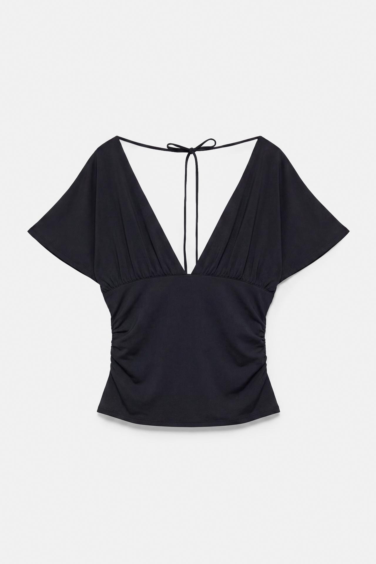 Gathered V-neck top — Black