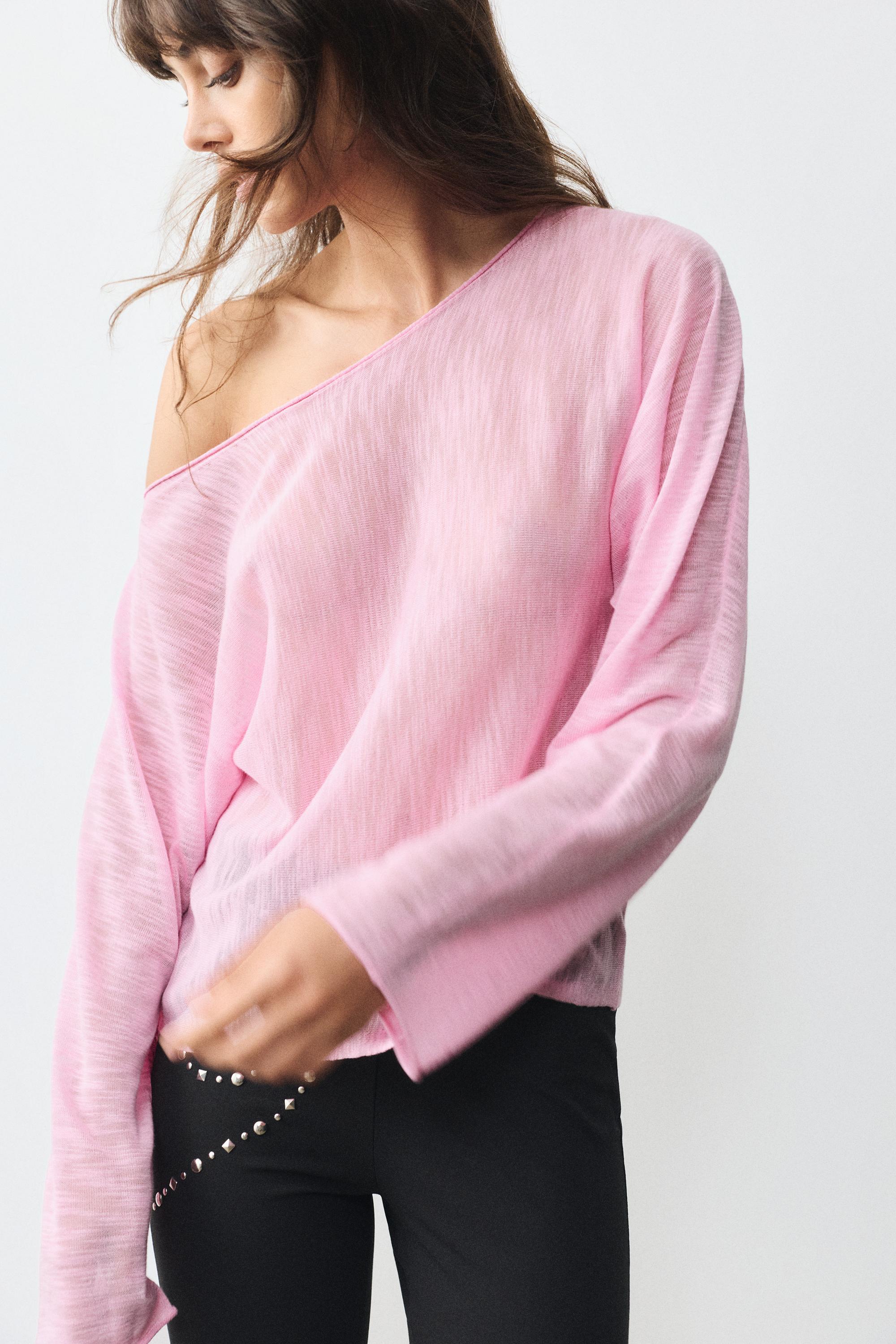 Fine knit asymmetric T-shirt — Pink