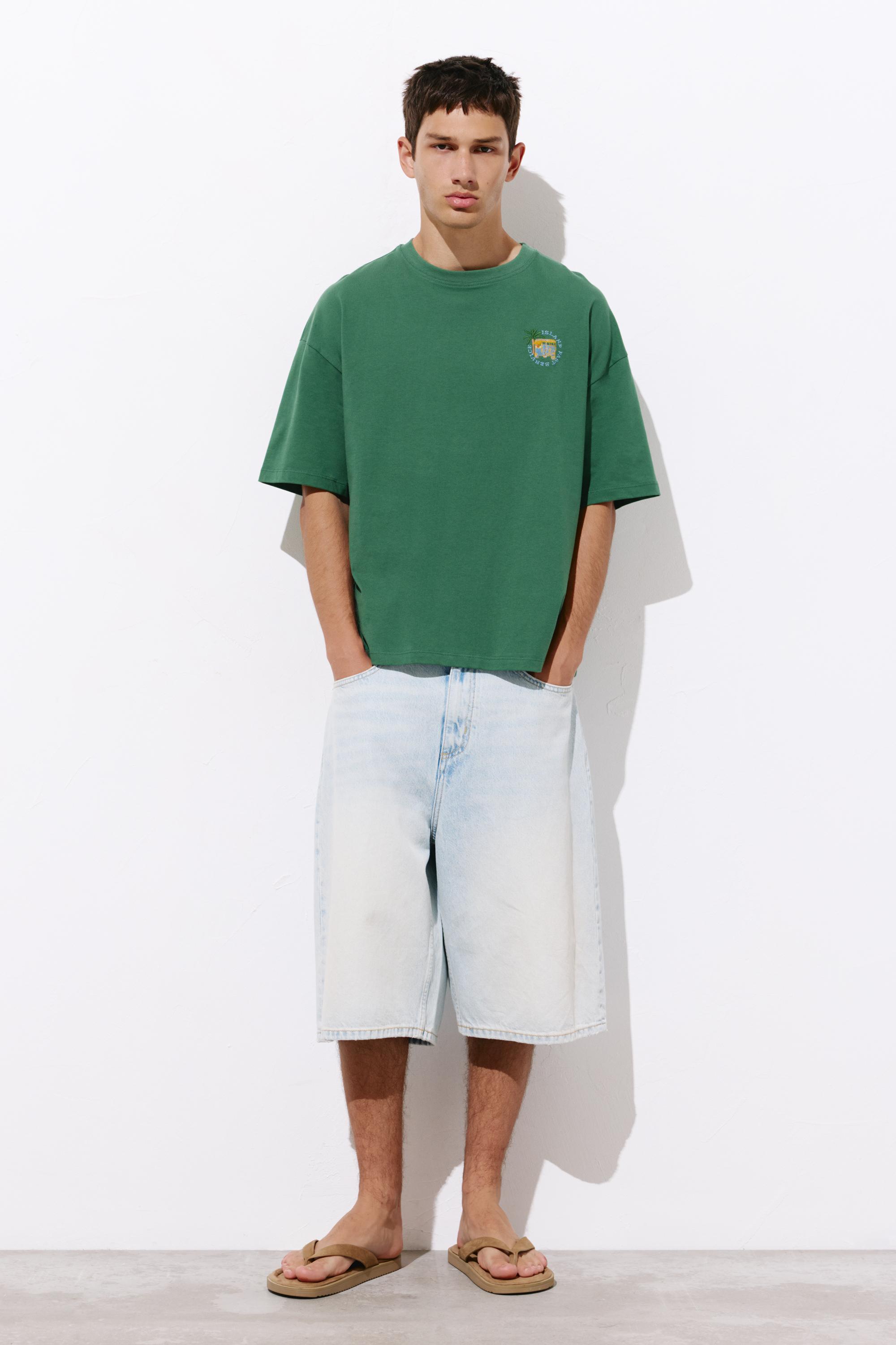 Relaxed embroidered T-shirt — Dark green marl