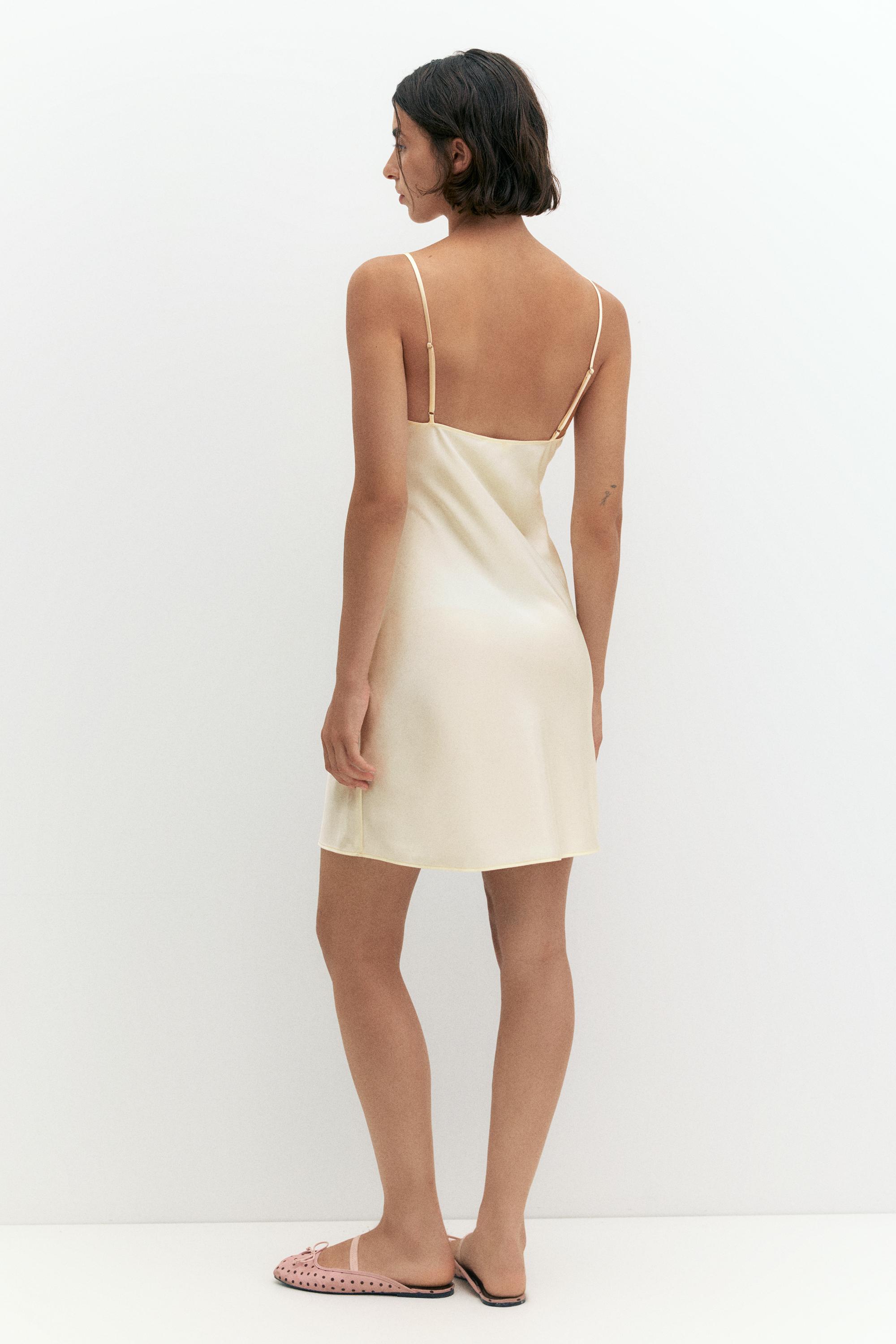 Short satin strappy dress — Ecru