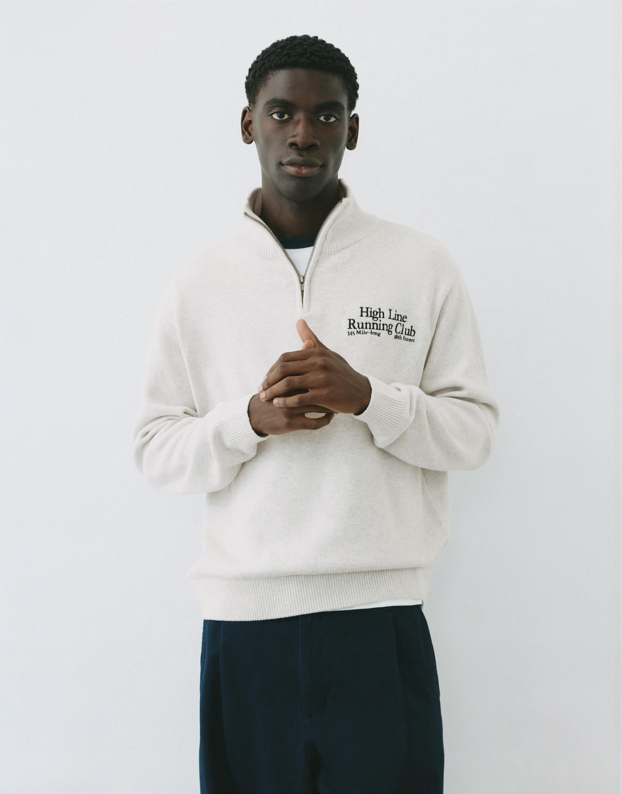 Embroidered quarter-zip sweatshirt — Grey marl