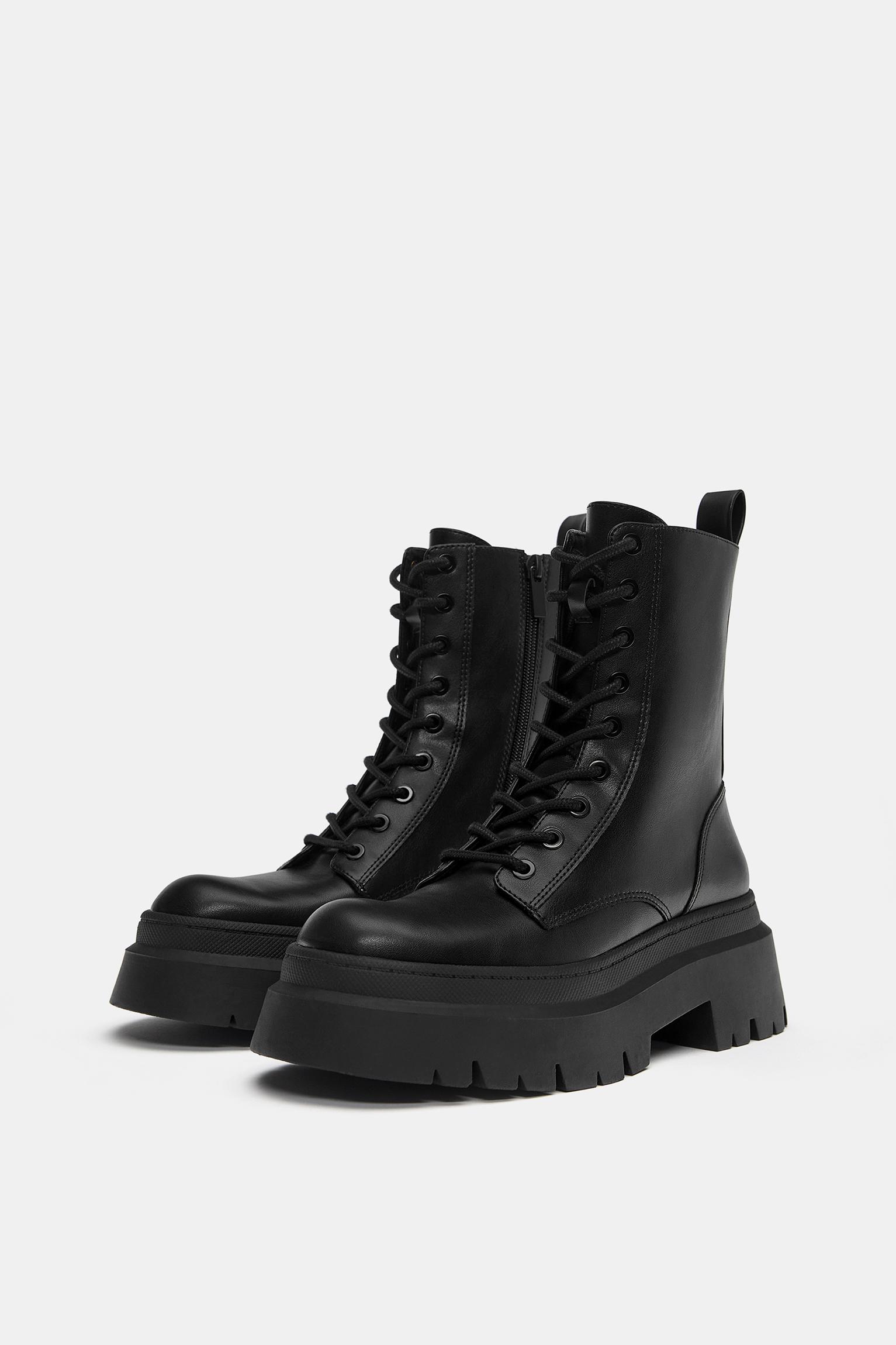 Chunky sole lace-up ankle boots — Black