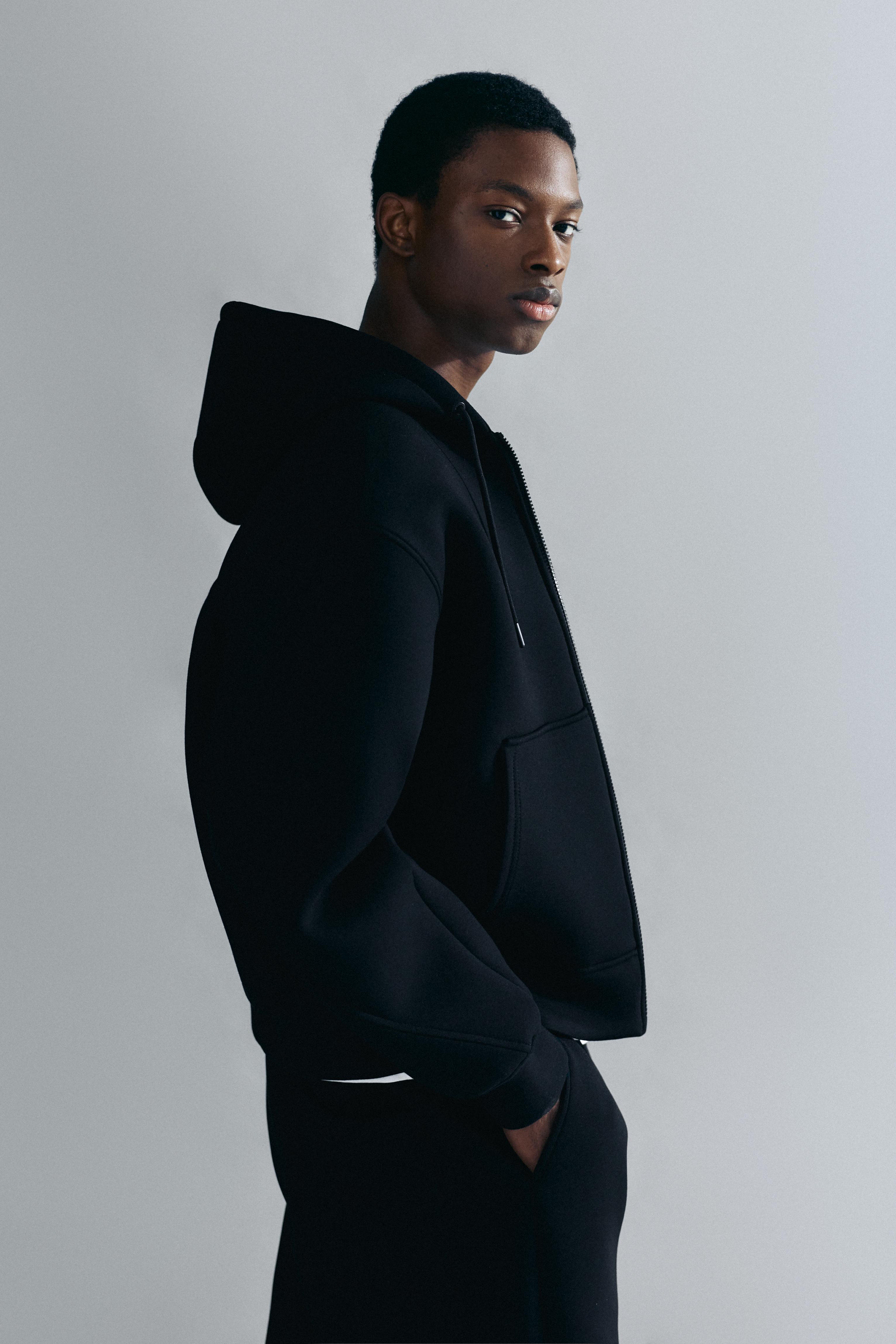 Neoprene-effect zip-up hoodie — Black