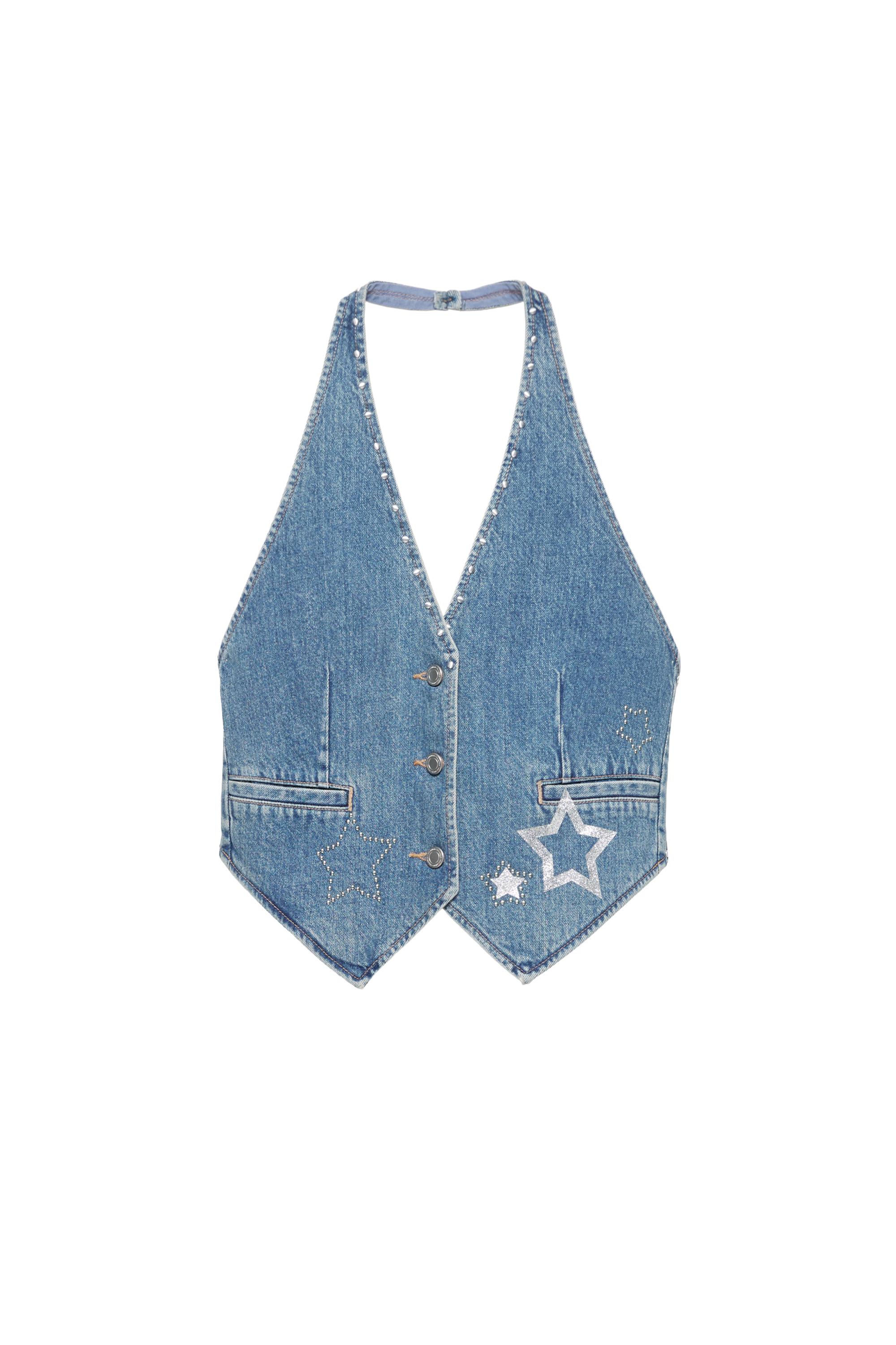Pull&Bear Yıldız ve zımba detaylı denim yelek görsel 5