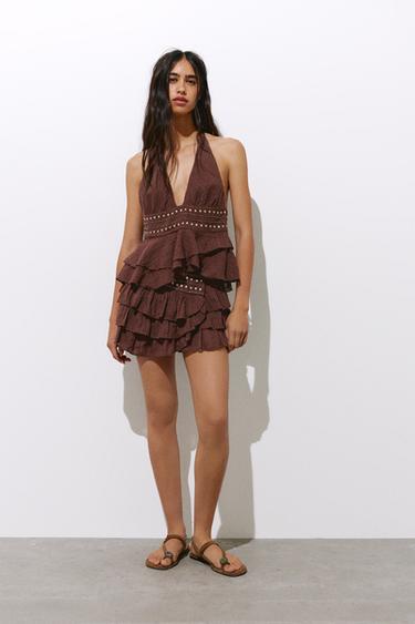 Ruffled mini skirt with studs — Brown 7