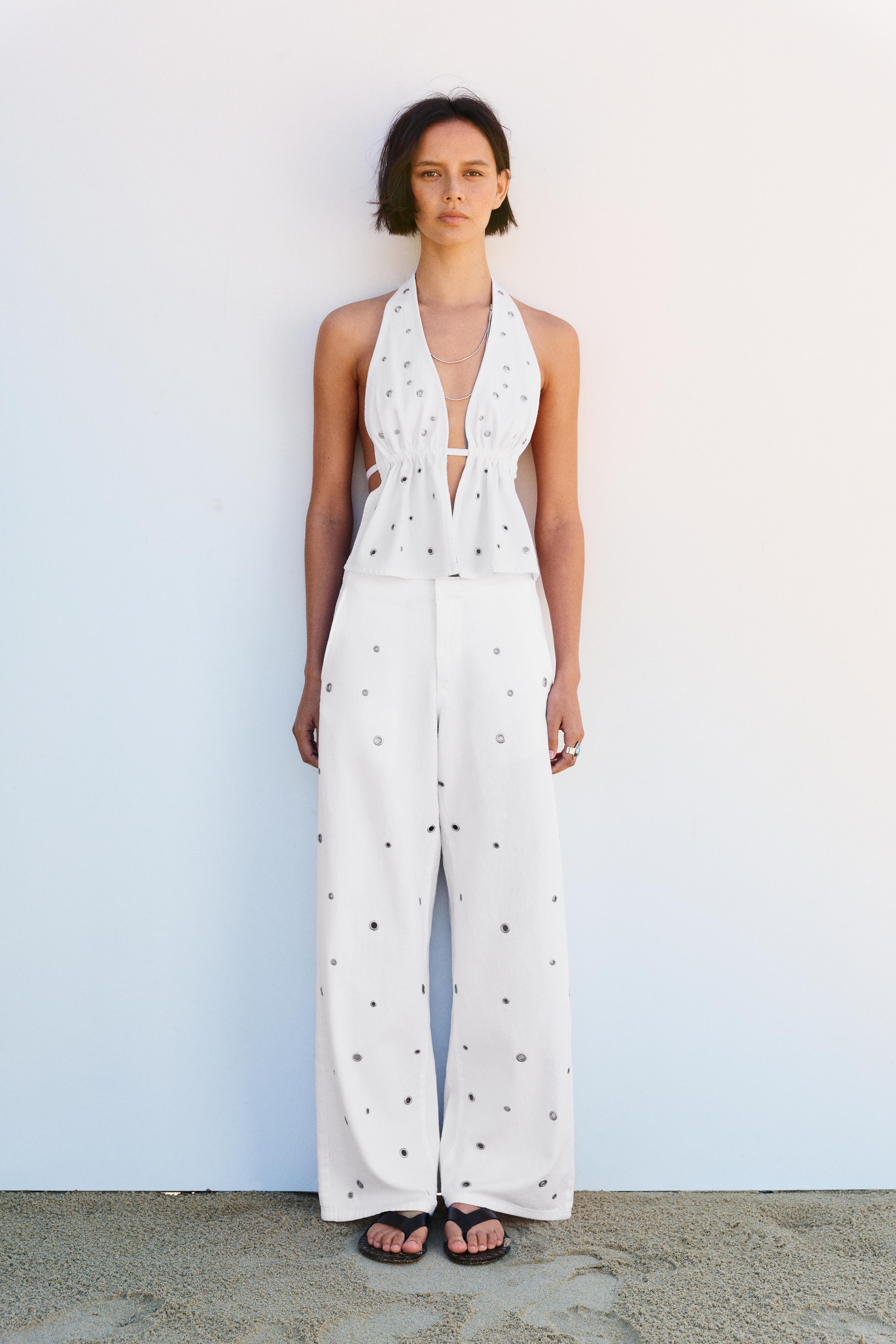 Eyelet halter top — White