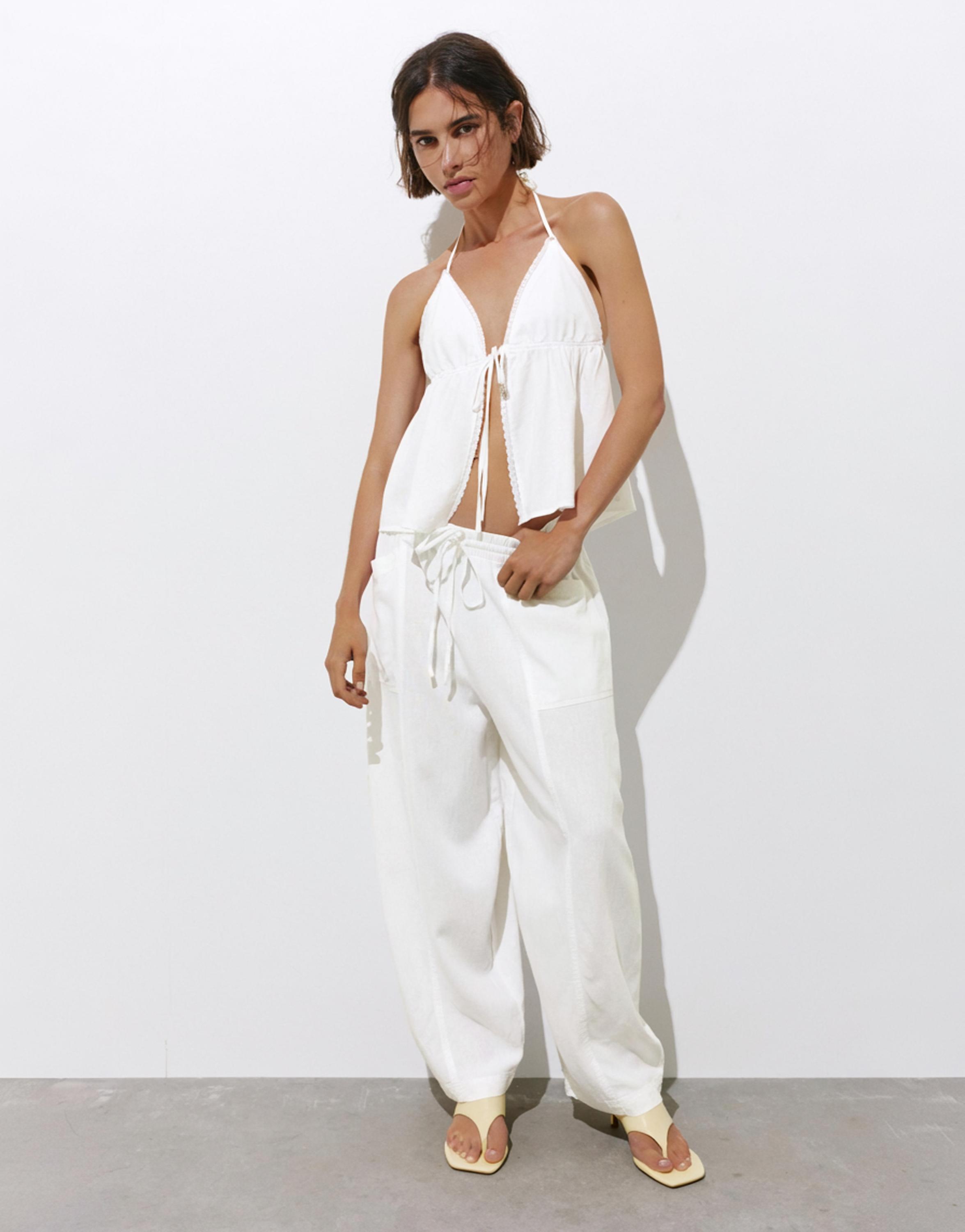 Linen blend barrel trousers — White