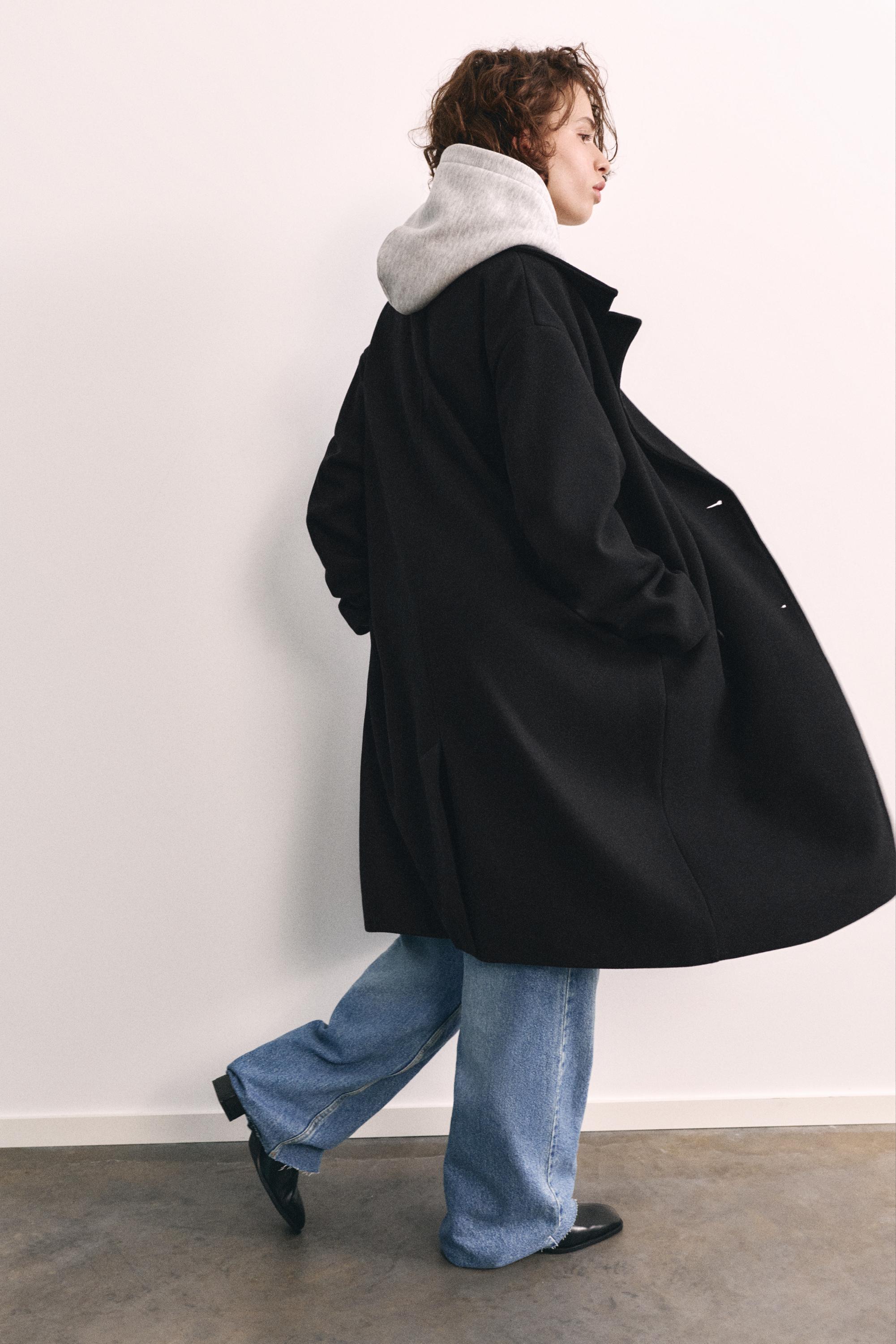 Double-breasted felt texture coat — Black
