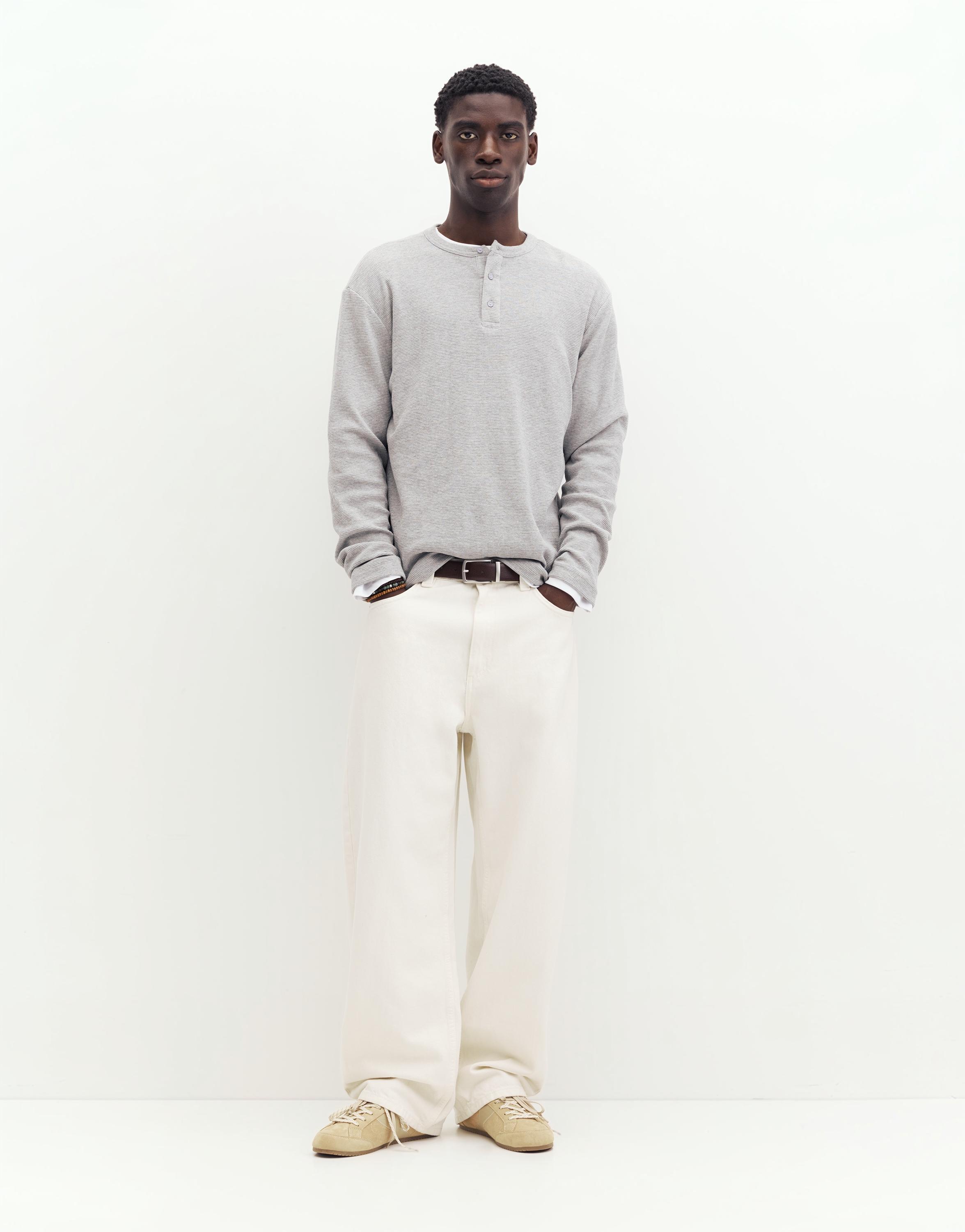 Waffle-knit long sleeve T-shirt — Pale marl