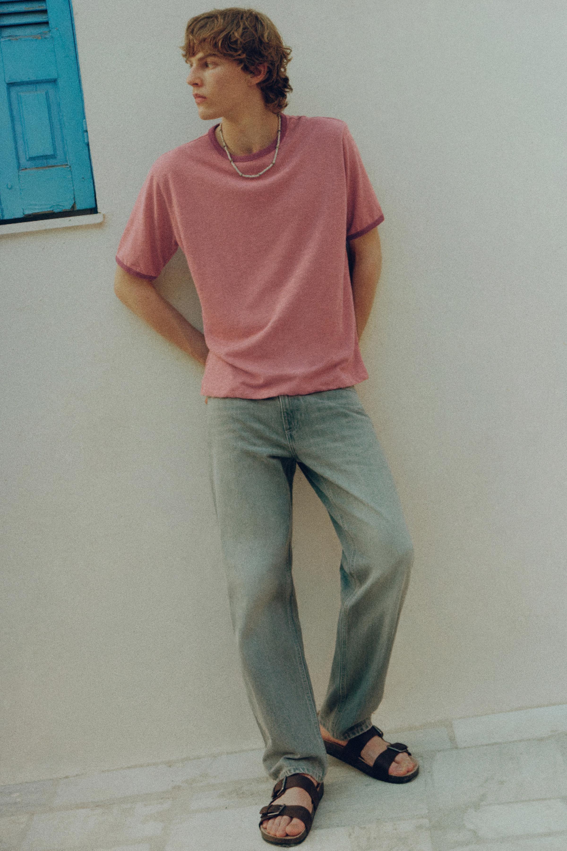 Contrast ribbed T-shirt — Pink