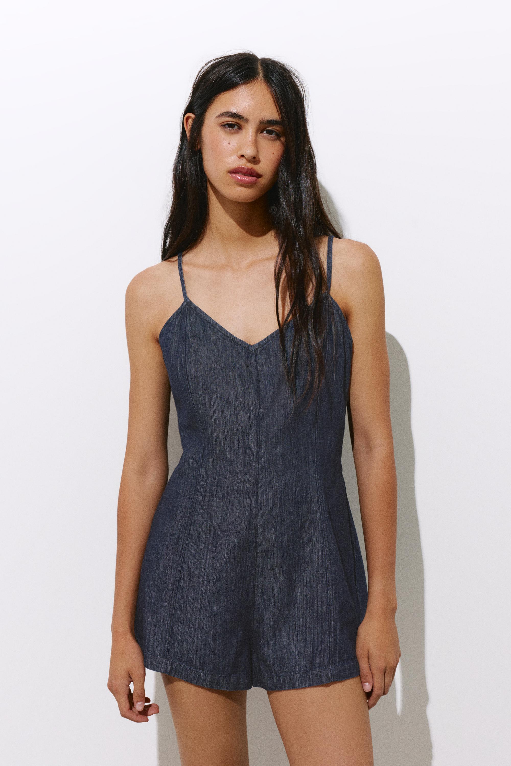 Denim playsuit with straps — Navy