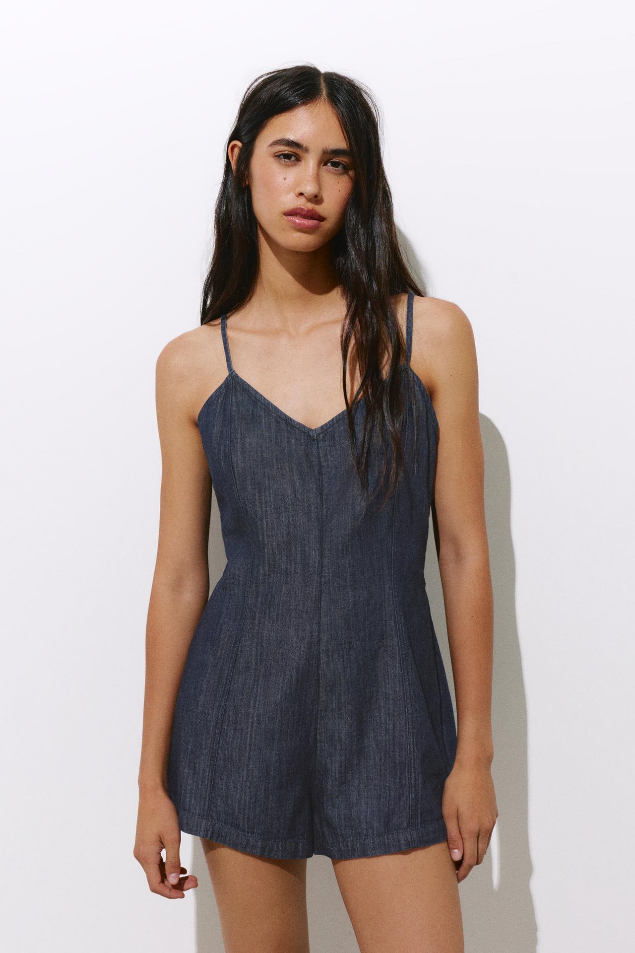 Denim playsuit with straps — Navy