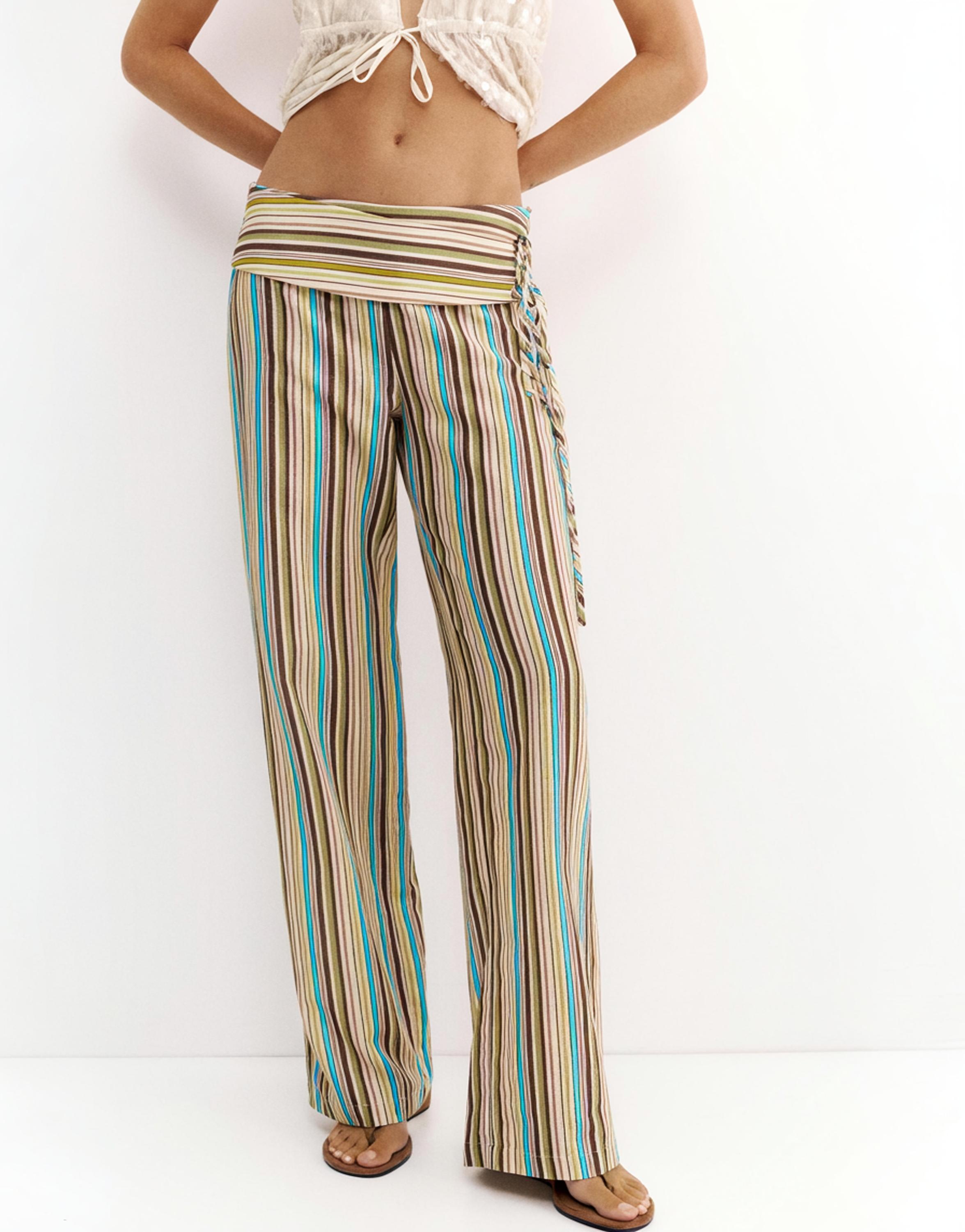 Striped tie-waist trousers — Green