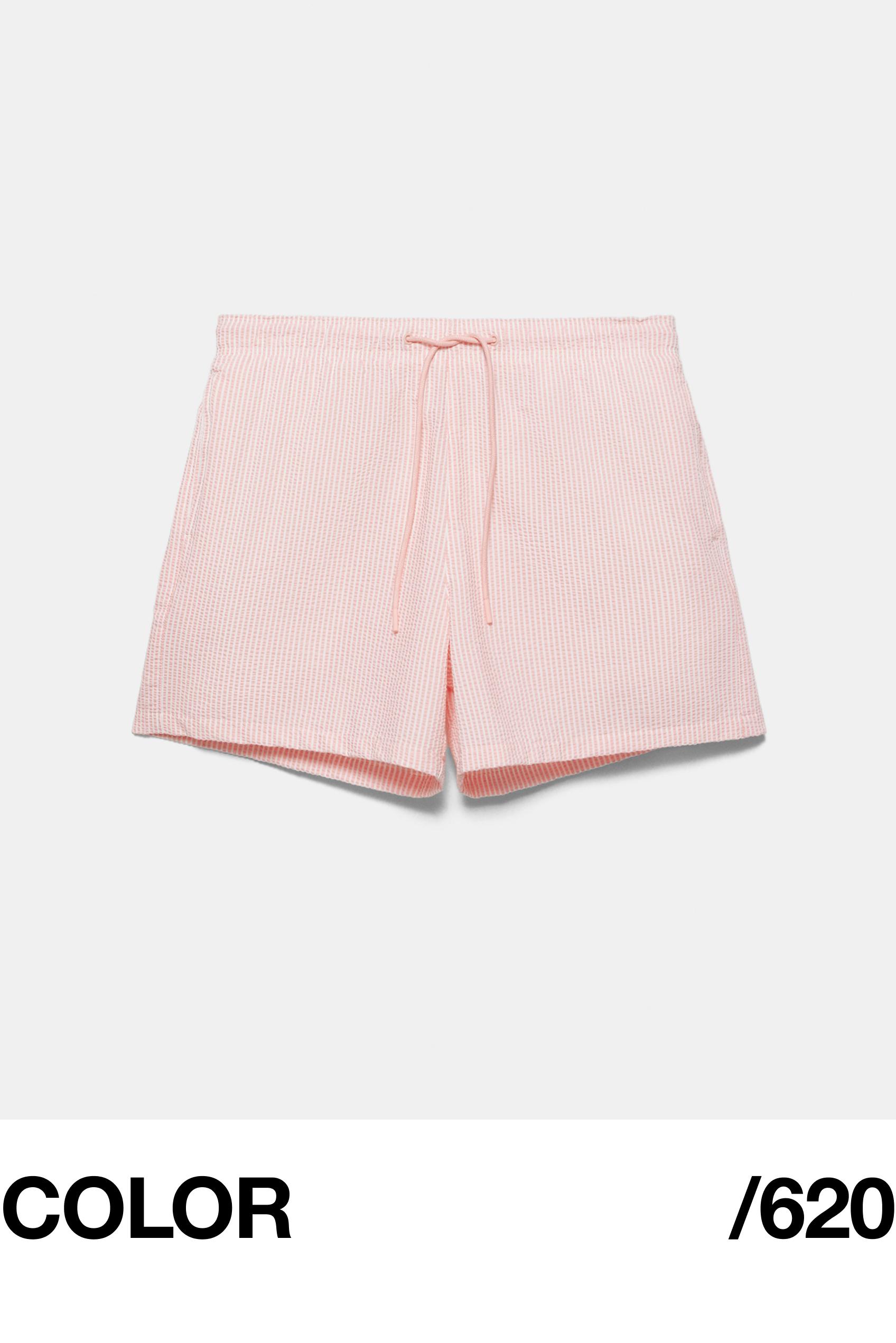 Striped seersucker swimming trunks — Pink