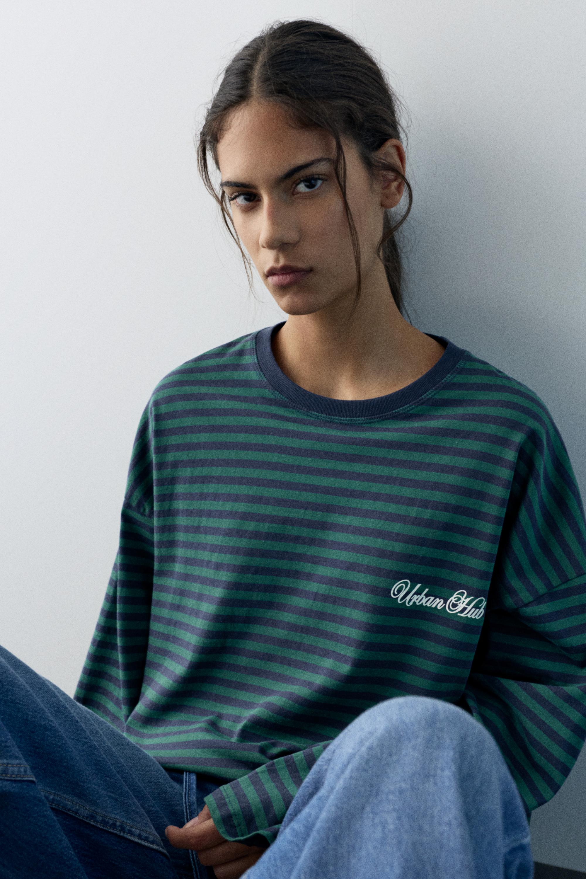 Yazılı çizgili uzun kollu t-shirt - Görsel 12