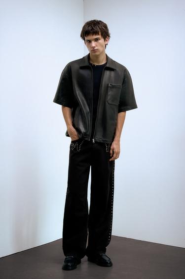 Leather effect zip-up overshirt — Black 4