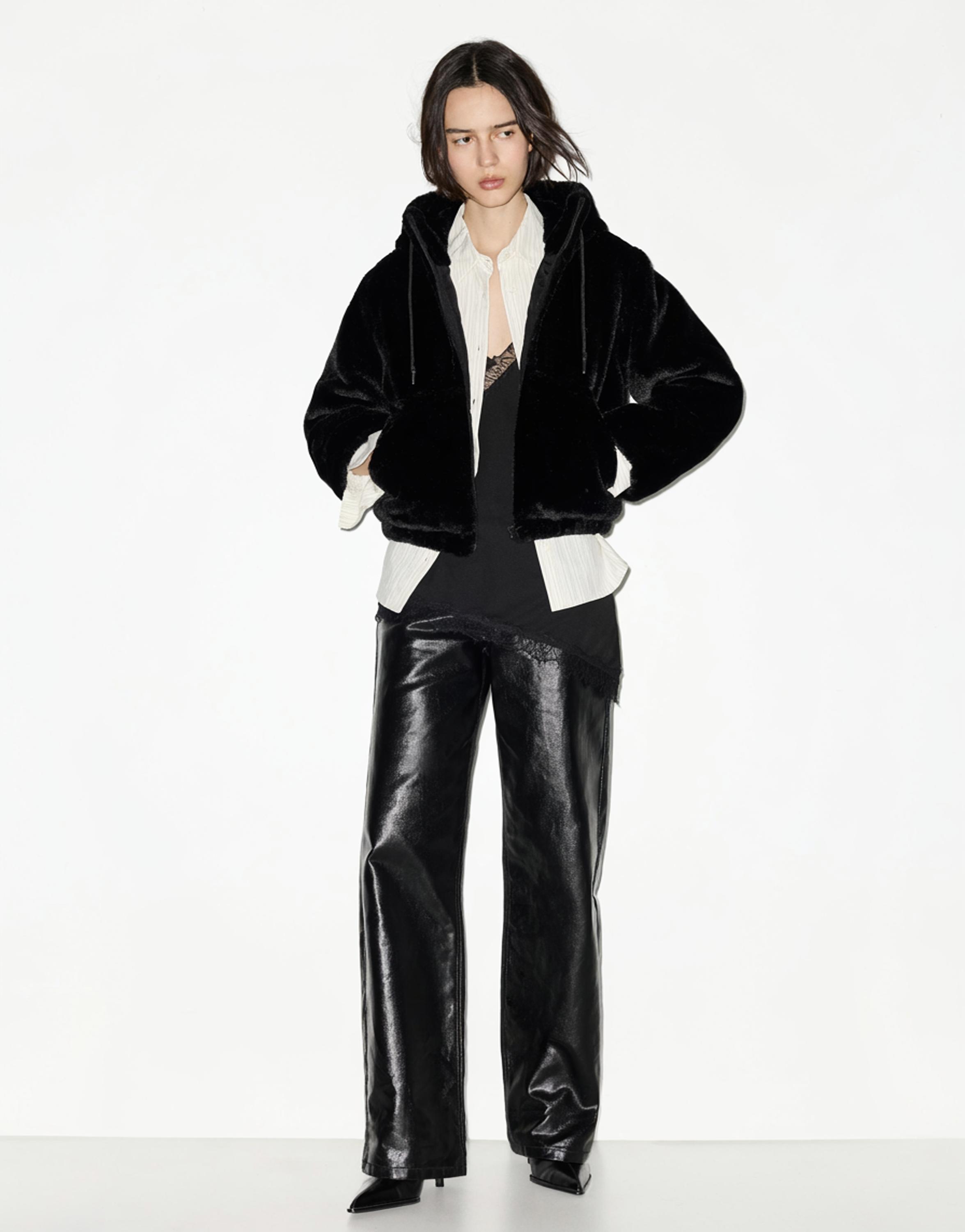Faux fur hooded jacket — Black
