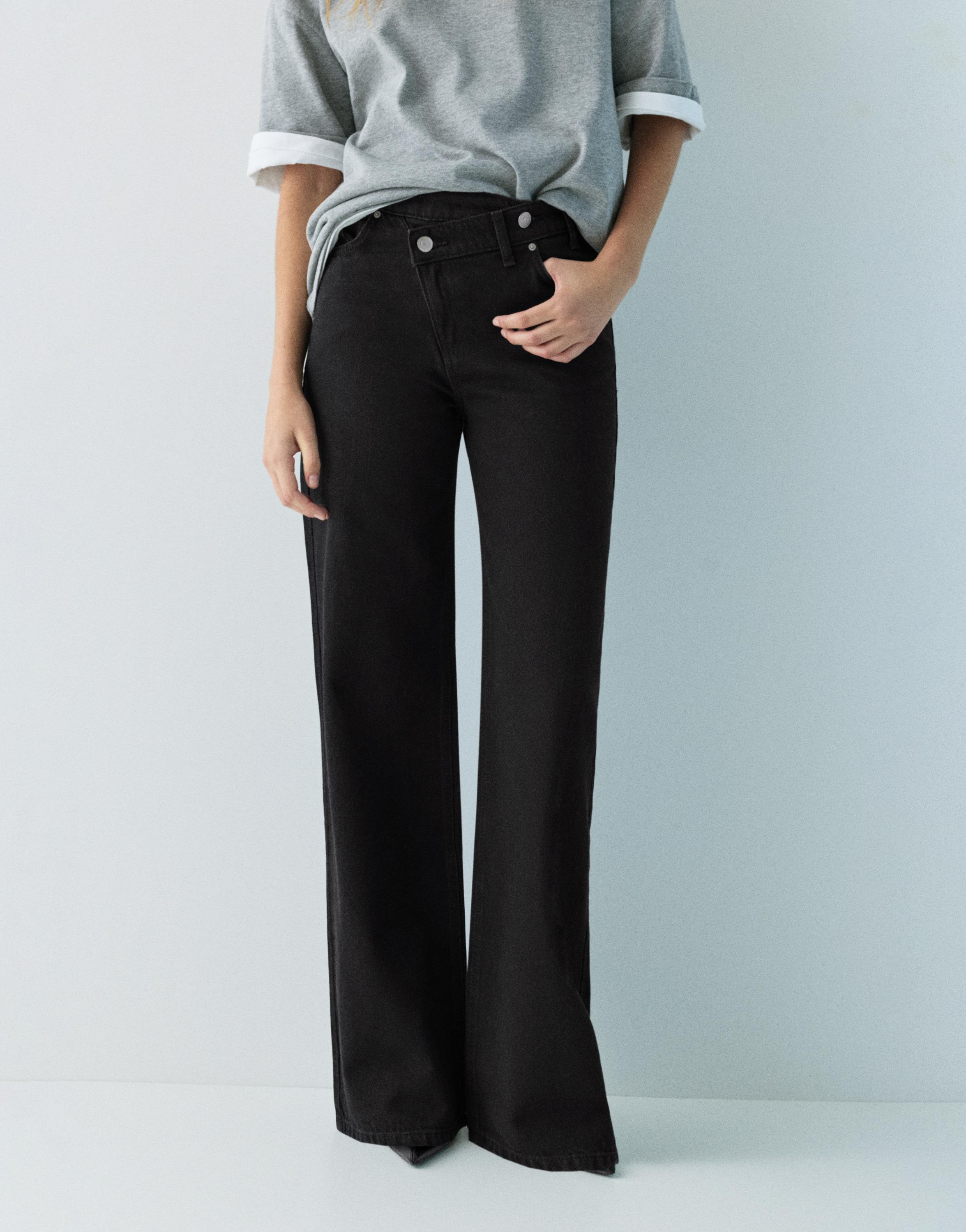 Wide leg jeans with crossover waistband — Black