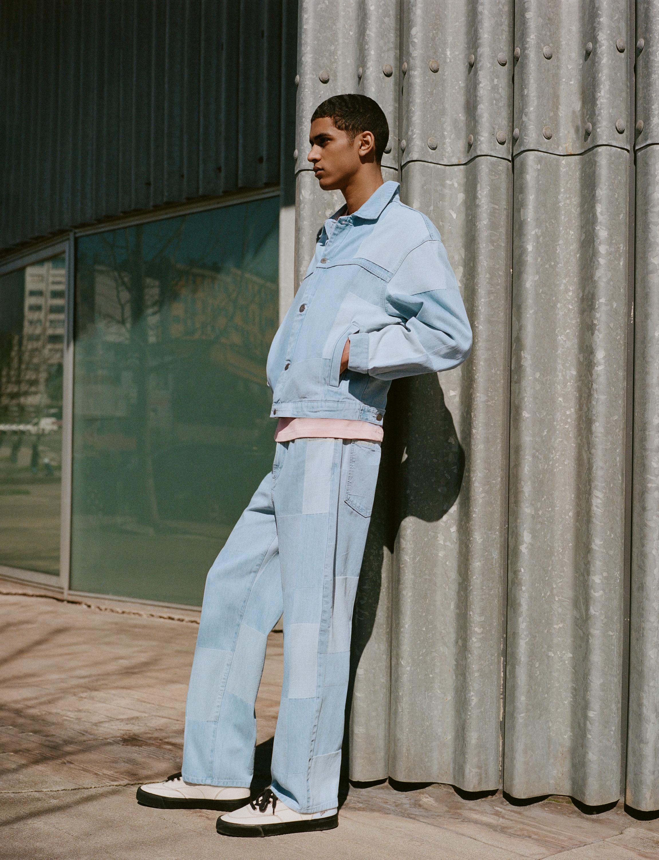 Baggy patchwork check jeans — Pale indigo