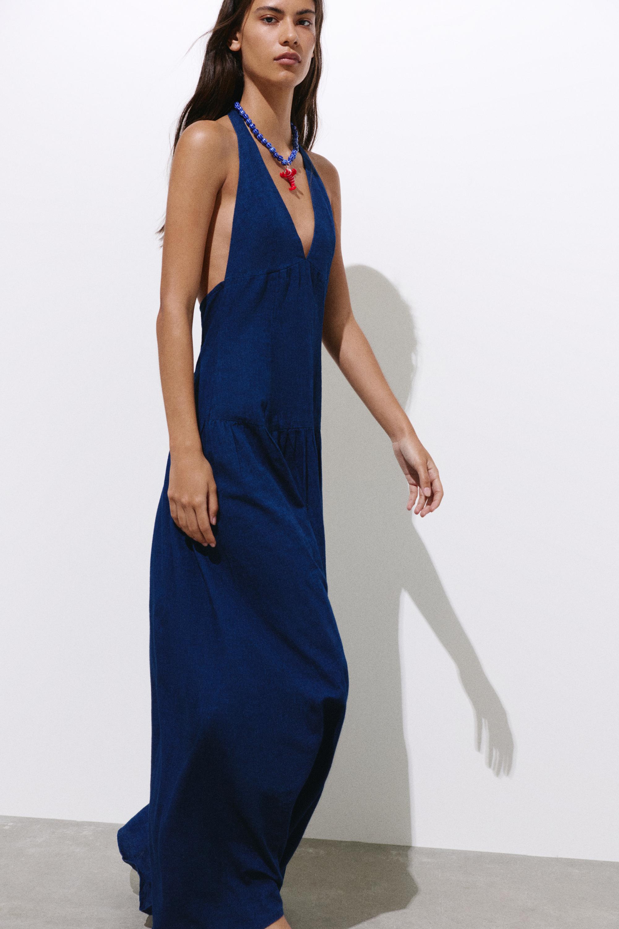 Long halter denim dress — Dark blue