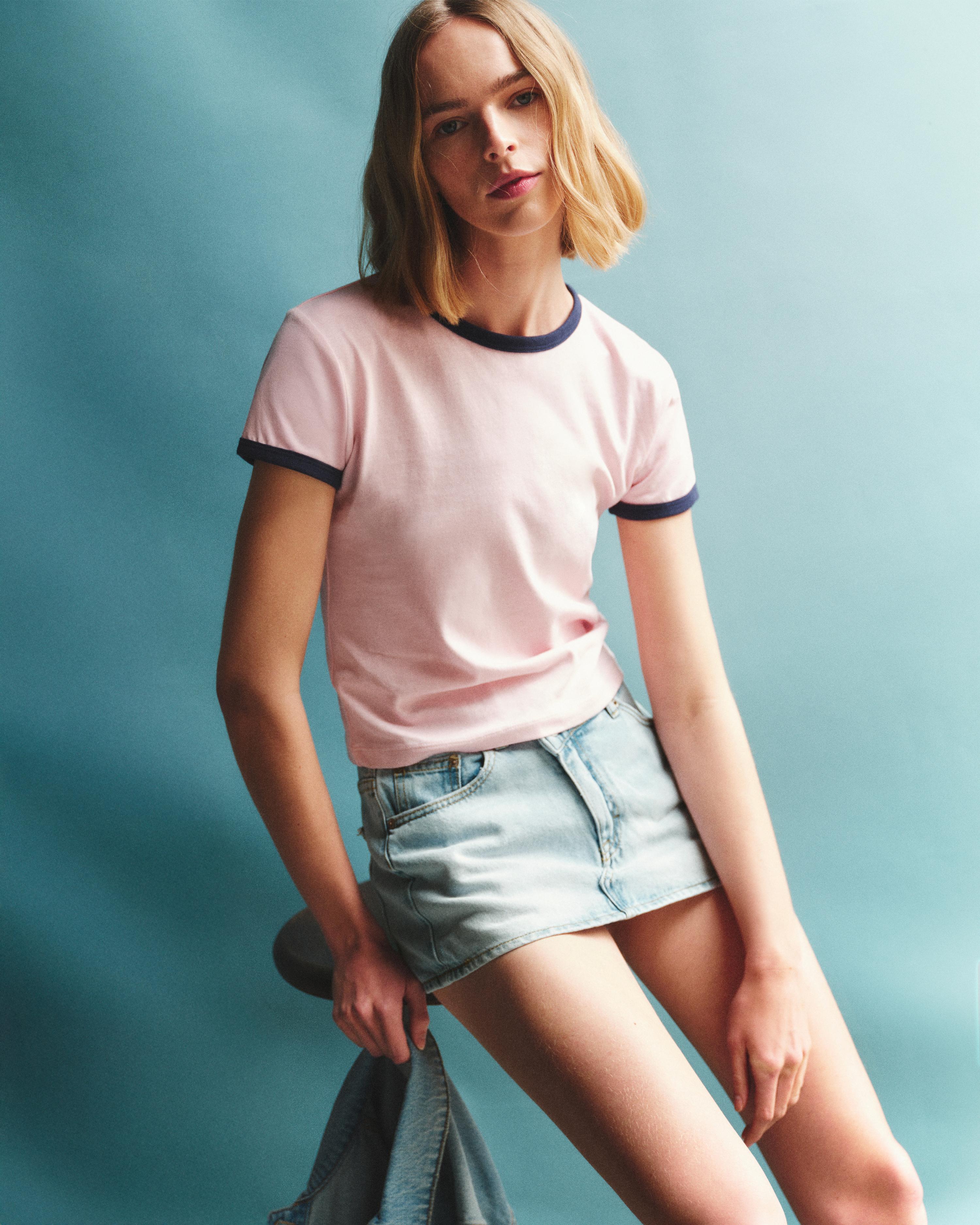 Cross-waist denim skort — Pale blue