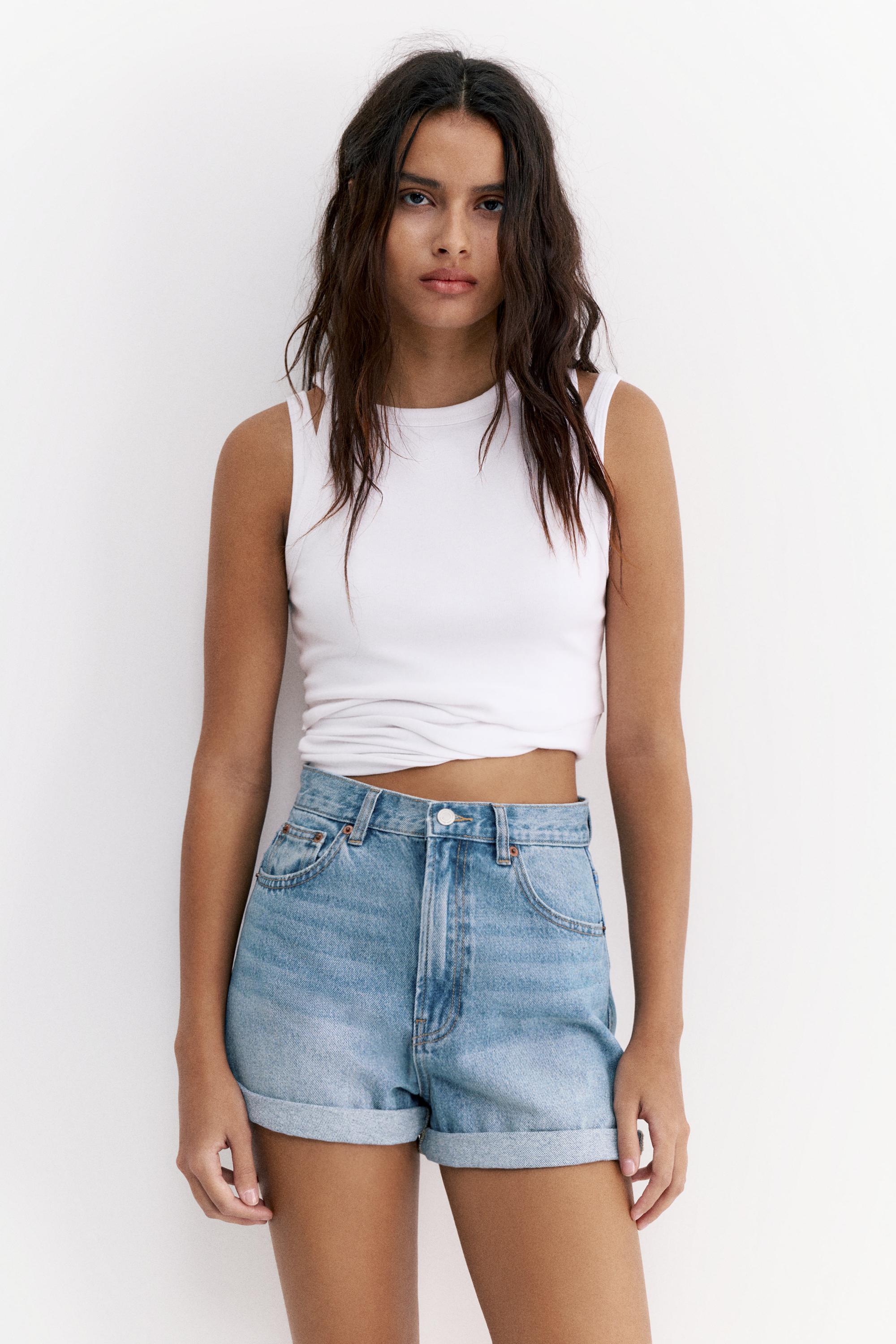 Denim turn-up mom shorts — Medium blue