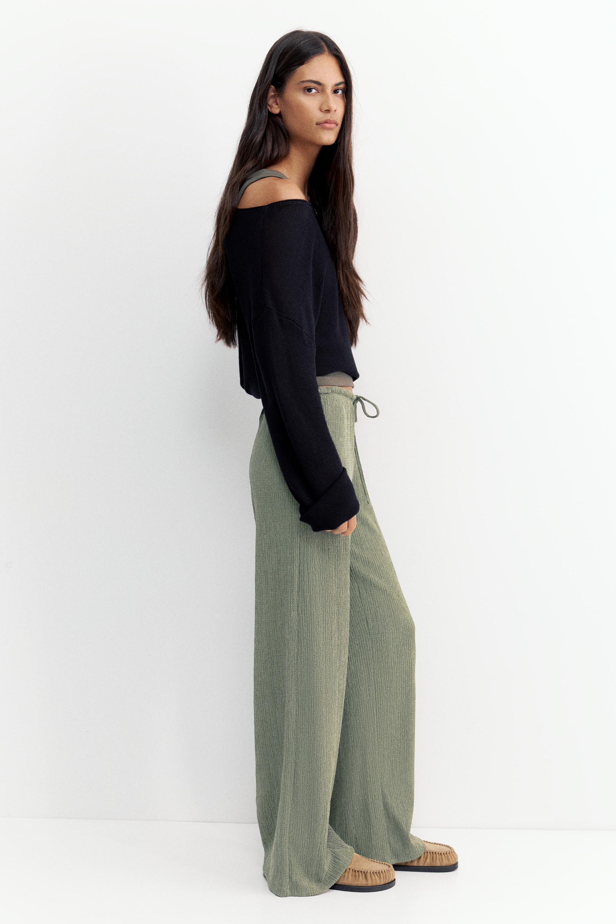 Wide-leg crepe trousers — Khaki