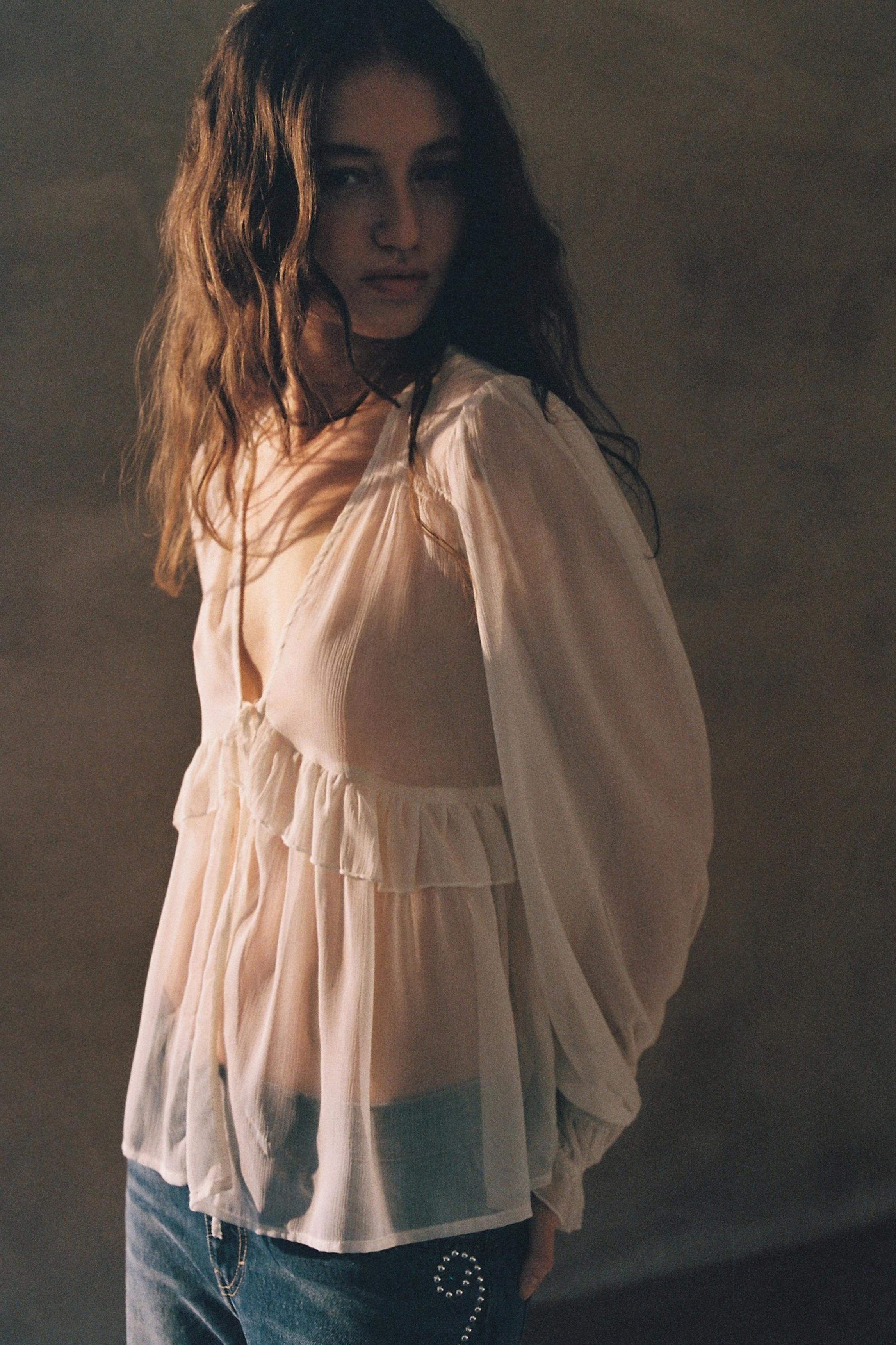 Sheer blouse with ruffle — Ice
