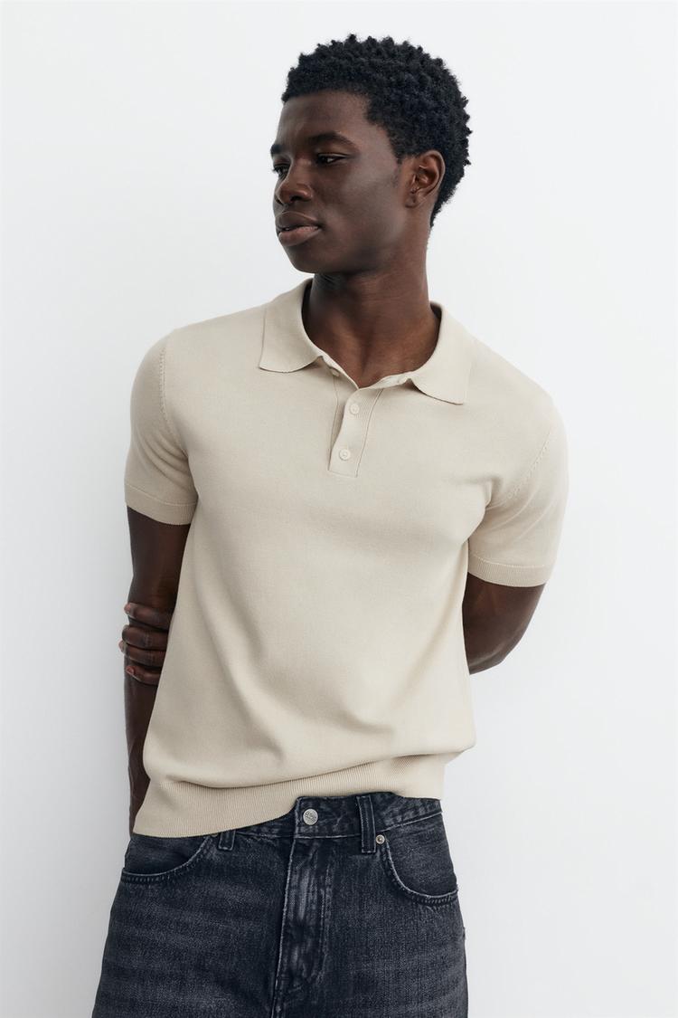 Short sleeve knit polo shirt — Sand