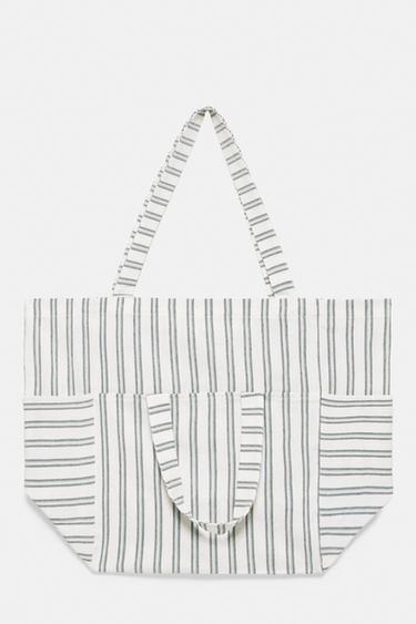 Striped medium tote bag — Bluish green 1