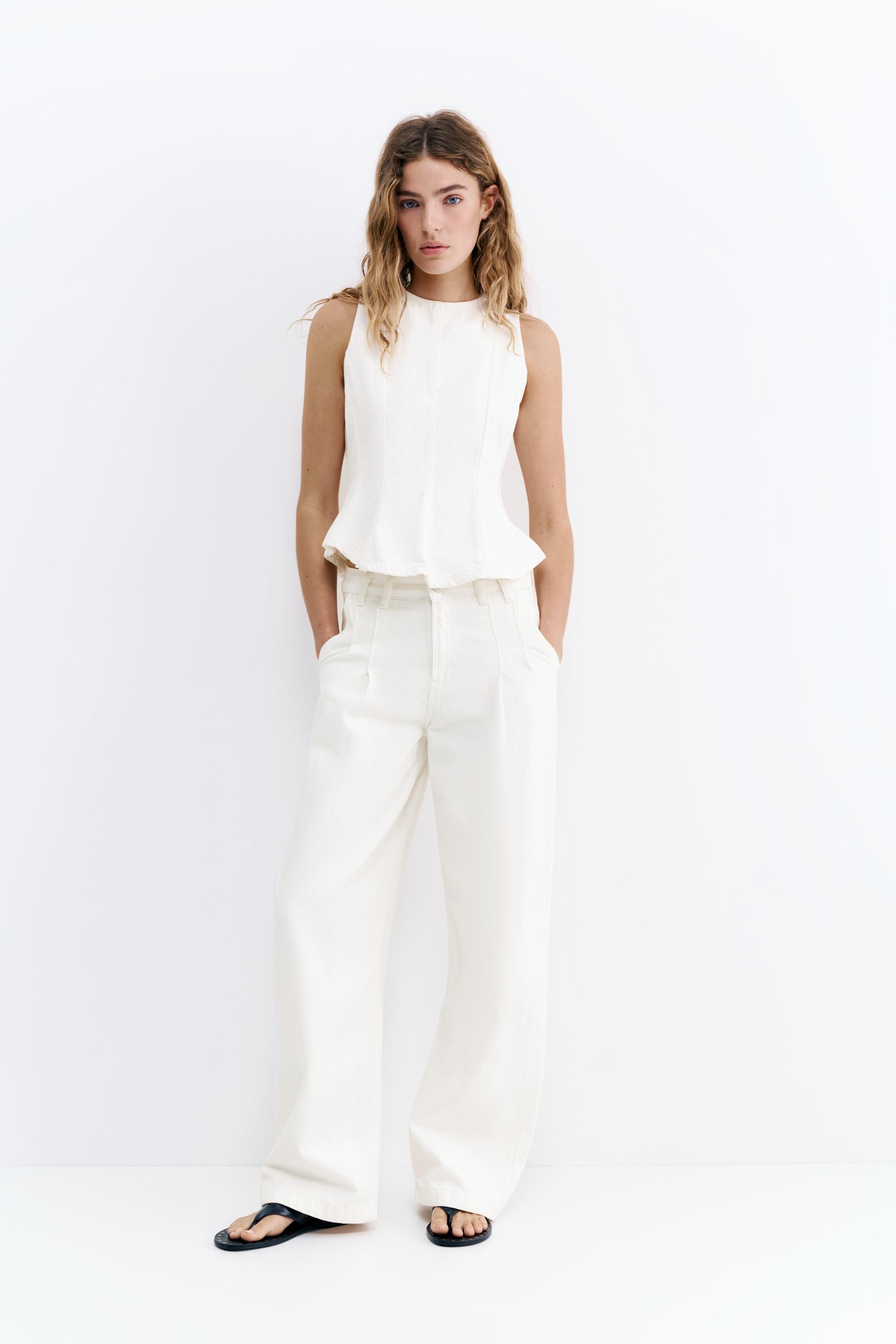 Pleated balloon fit baggy jeans — White