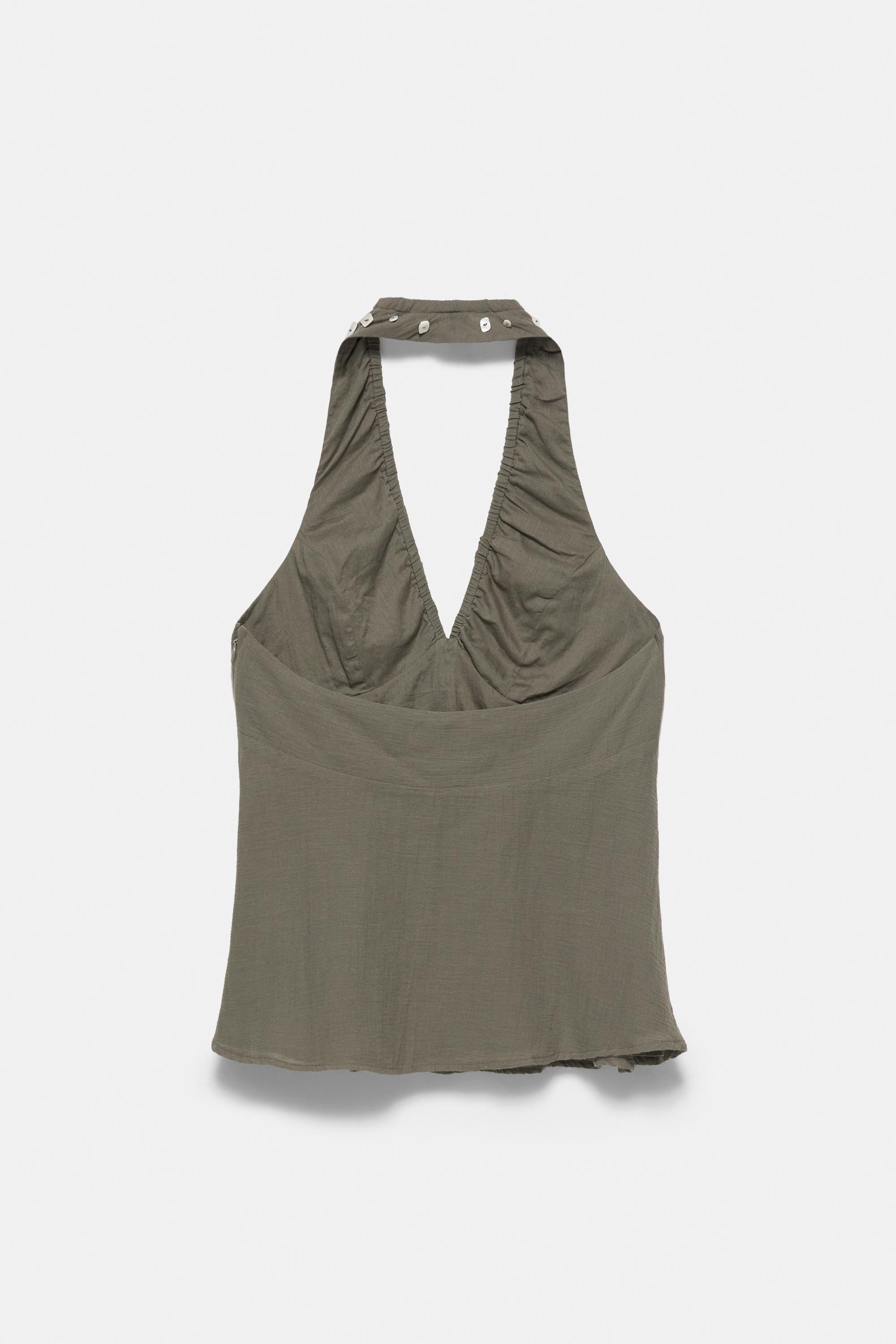 Halter neck top with buttons — Khaki