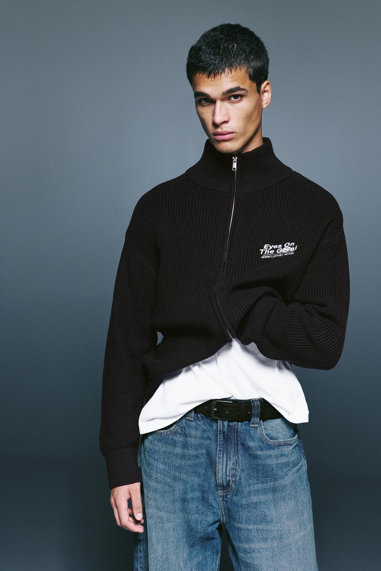 Embroidered zip cardigan — Black