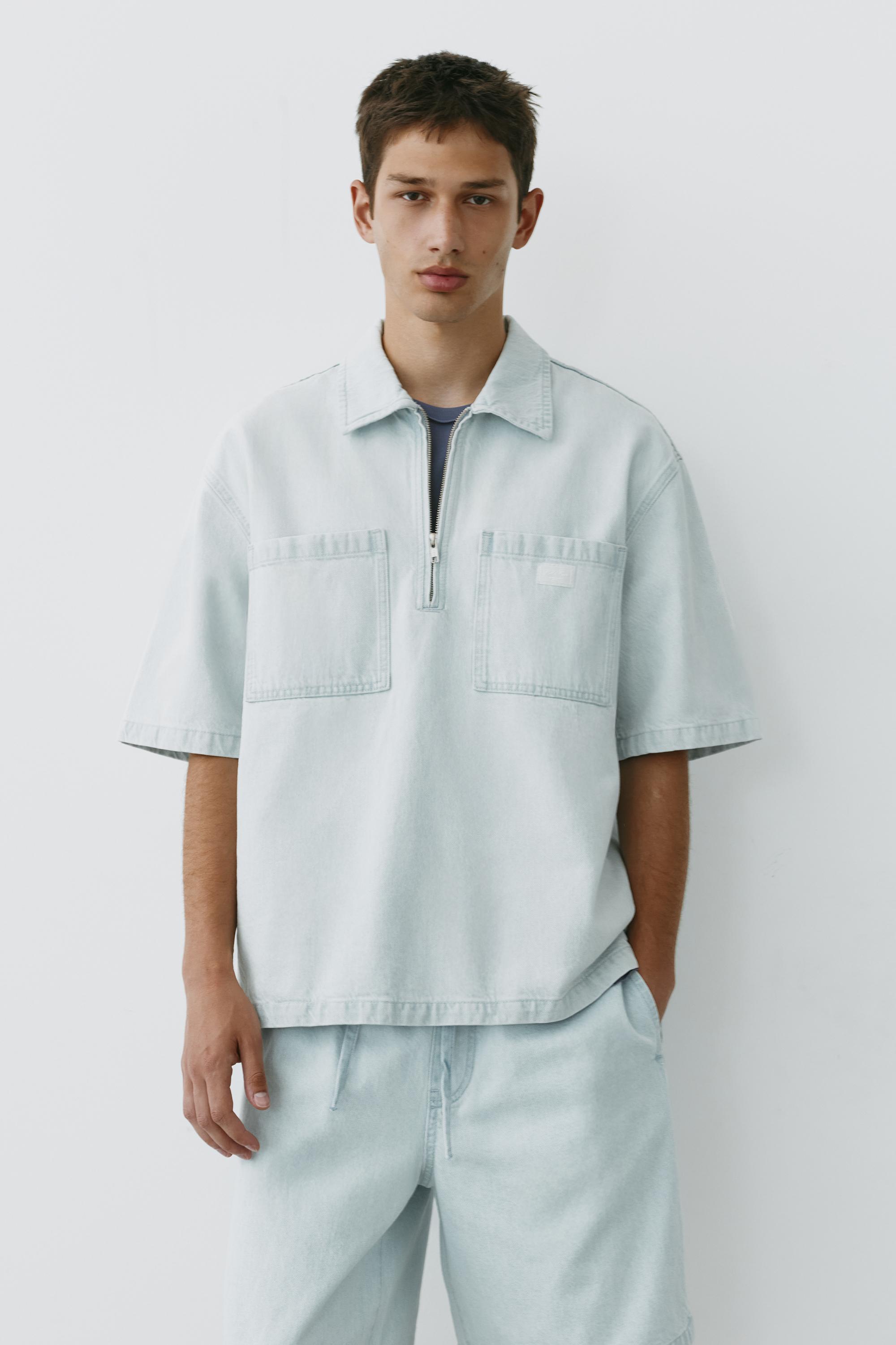 Denim zip-up polo shirt — Sky blue