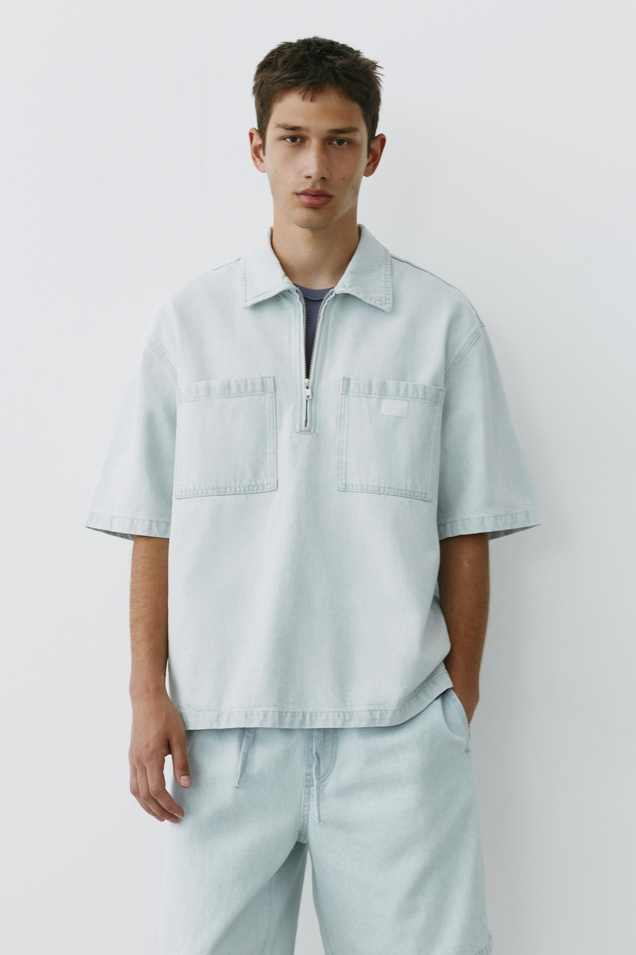 Denim zip-up polo shirt — Sky blue
