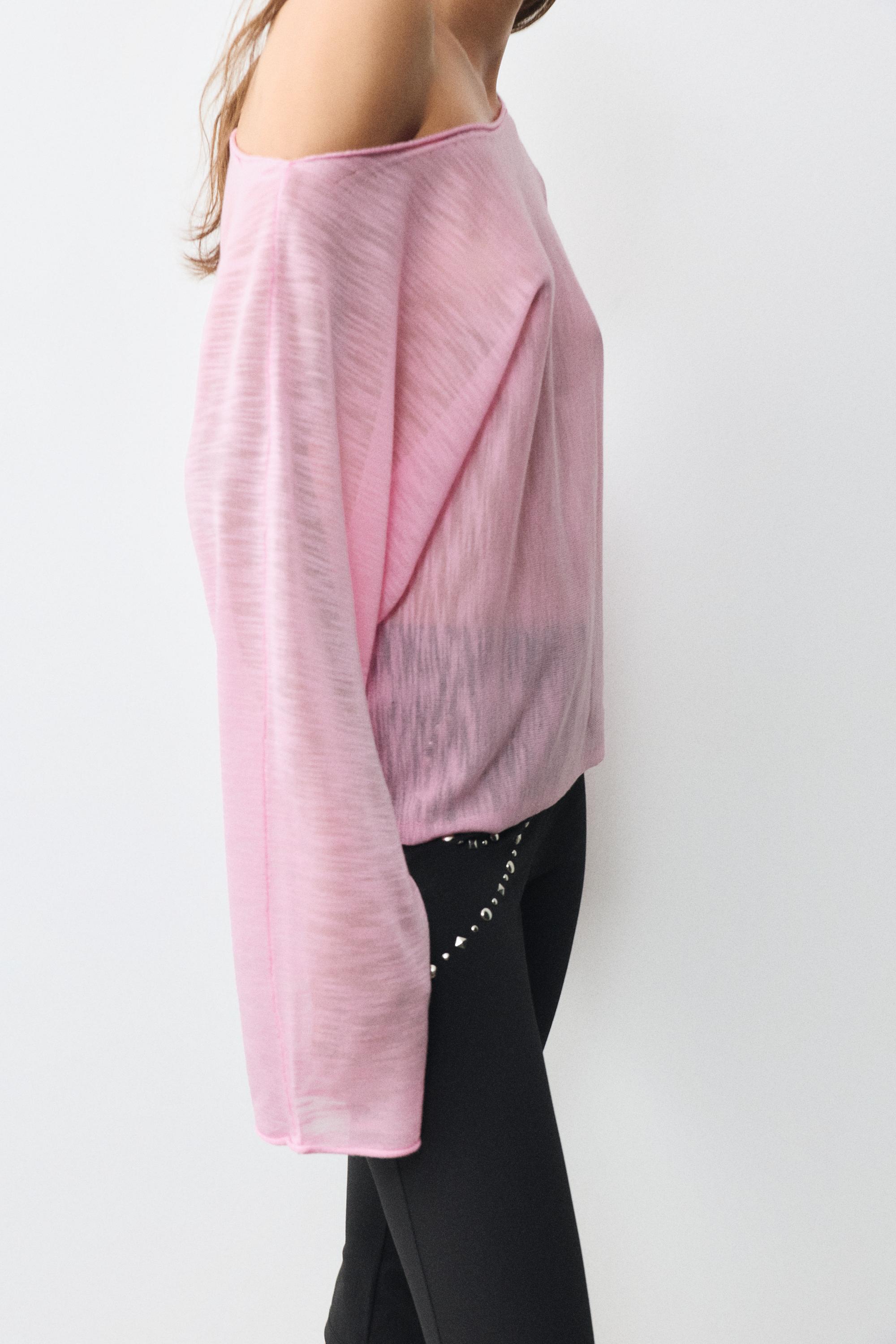 Fine knit asymmetric T-shirt — Pink