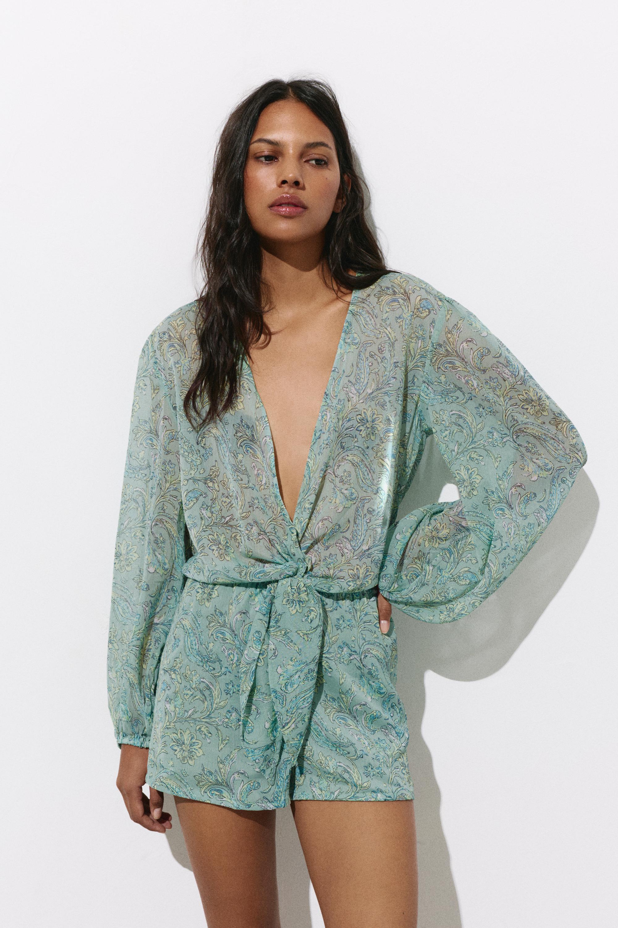 Printed gathered romper — Turquoise