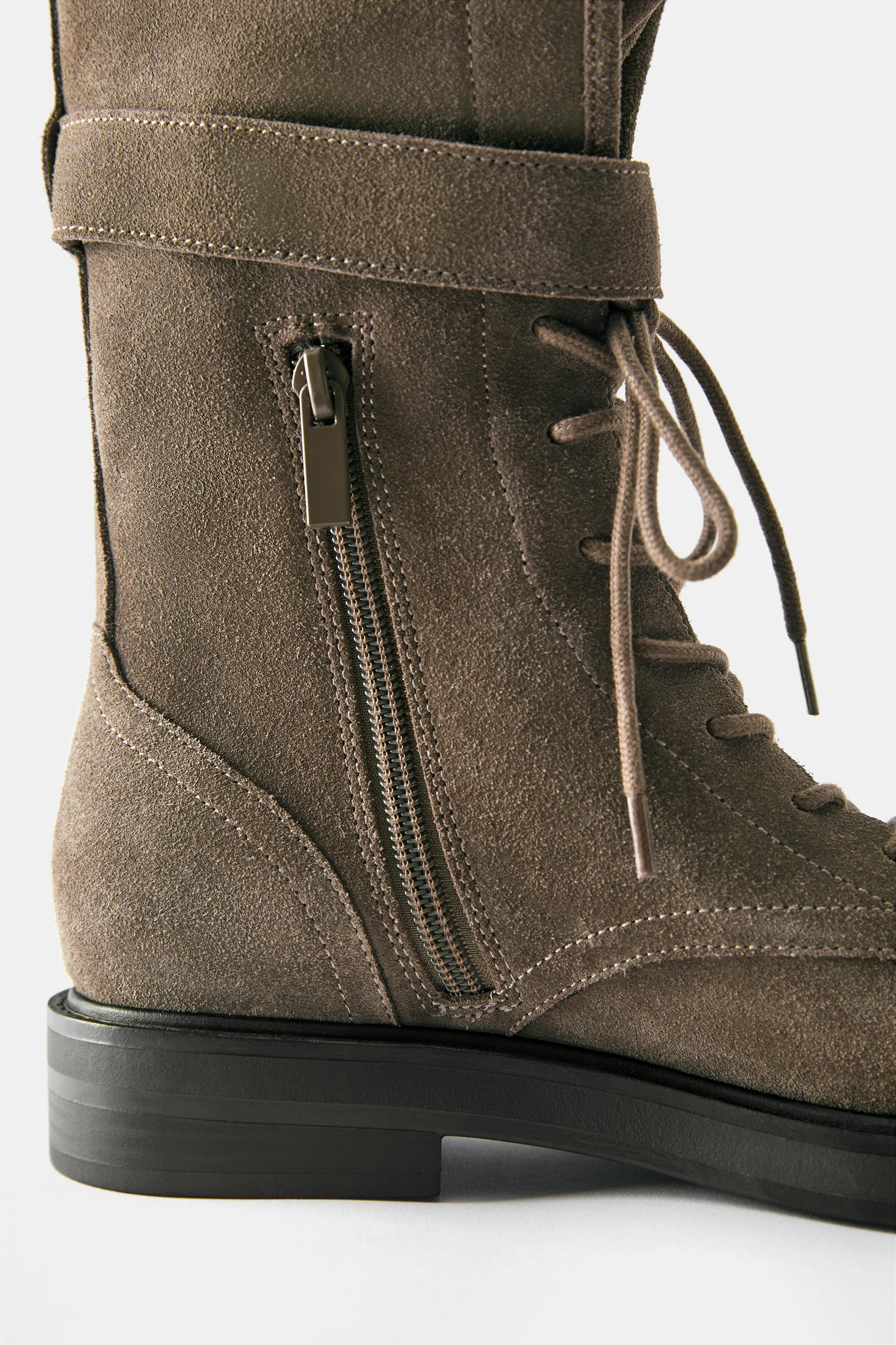 Lace-up flat leather boots — Taupe