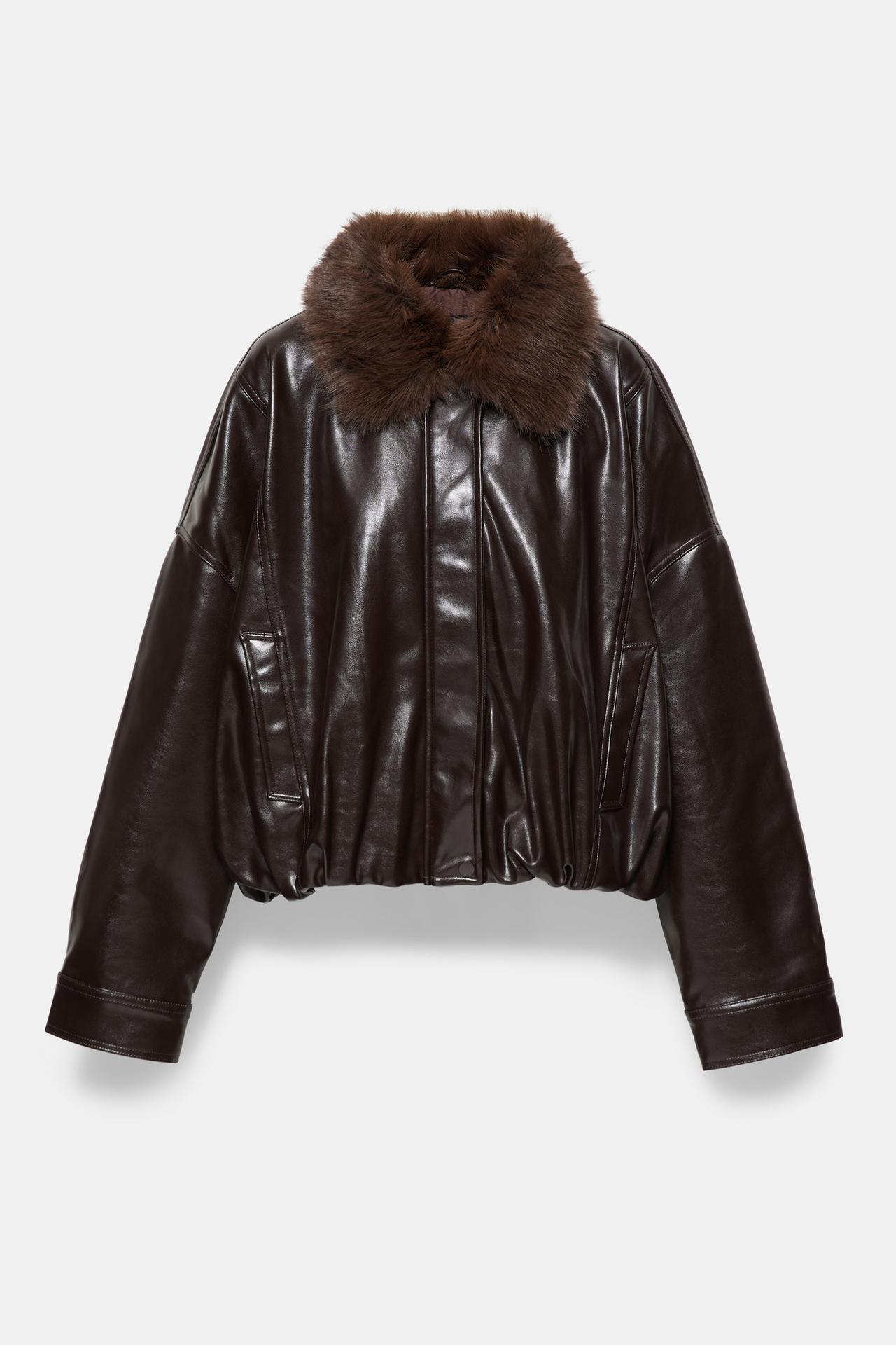Leather effect jacket with faux fur collar — Brown