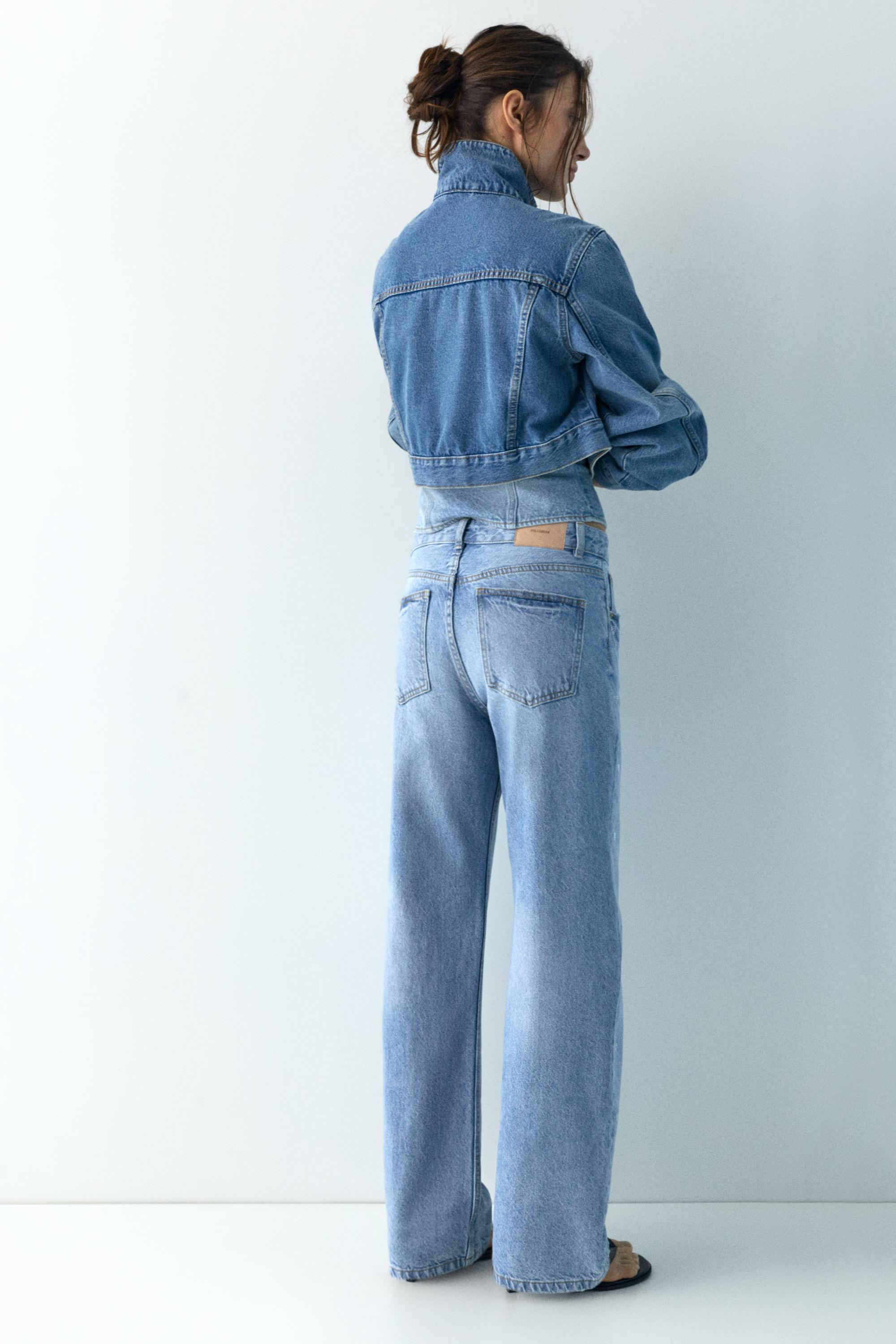 Straight-leg mid-waist jeans with rhinestone hearts — Pale blue