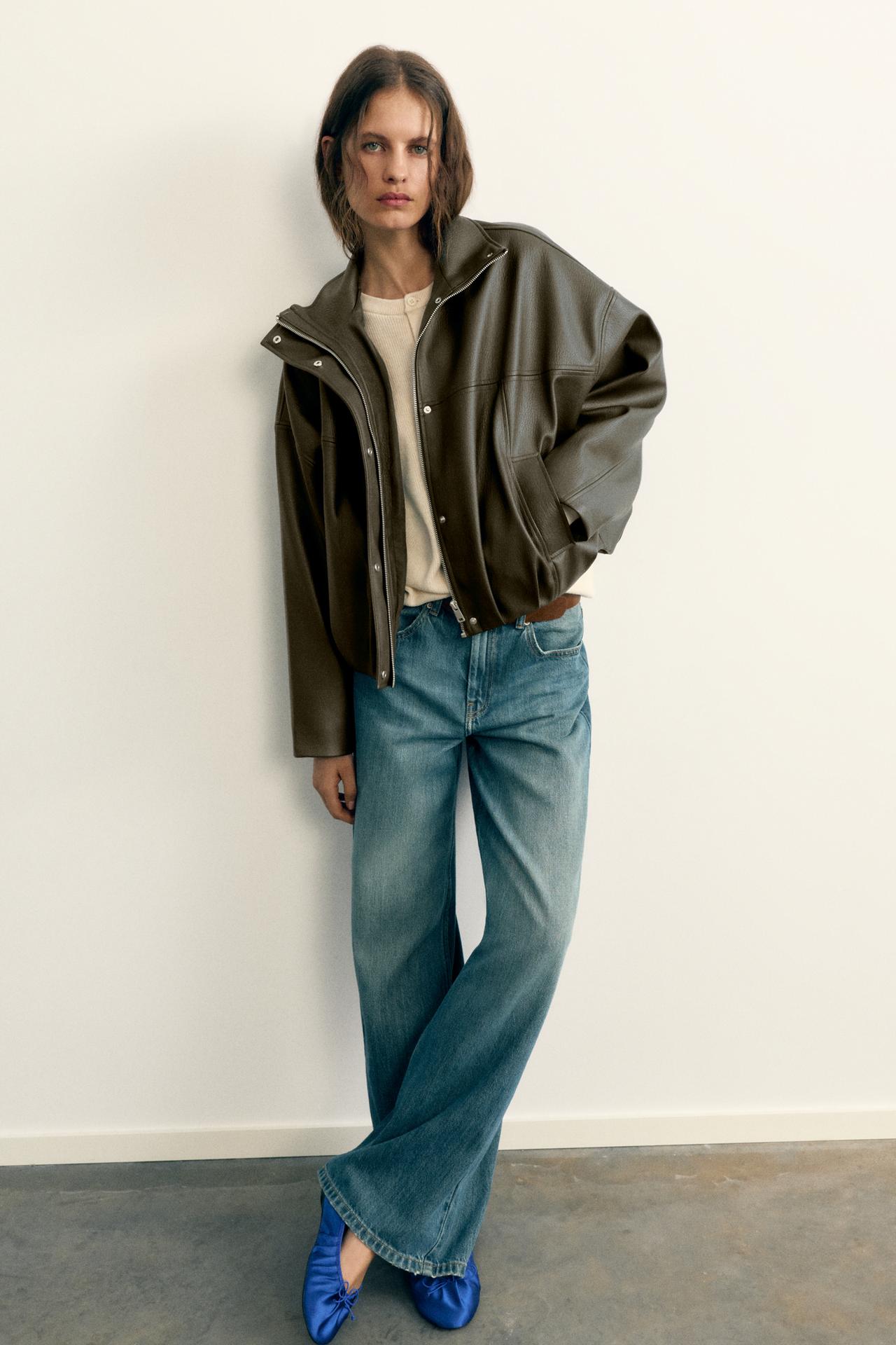 Leather-effect balloon bomber jacket — Khaki