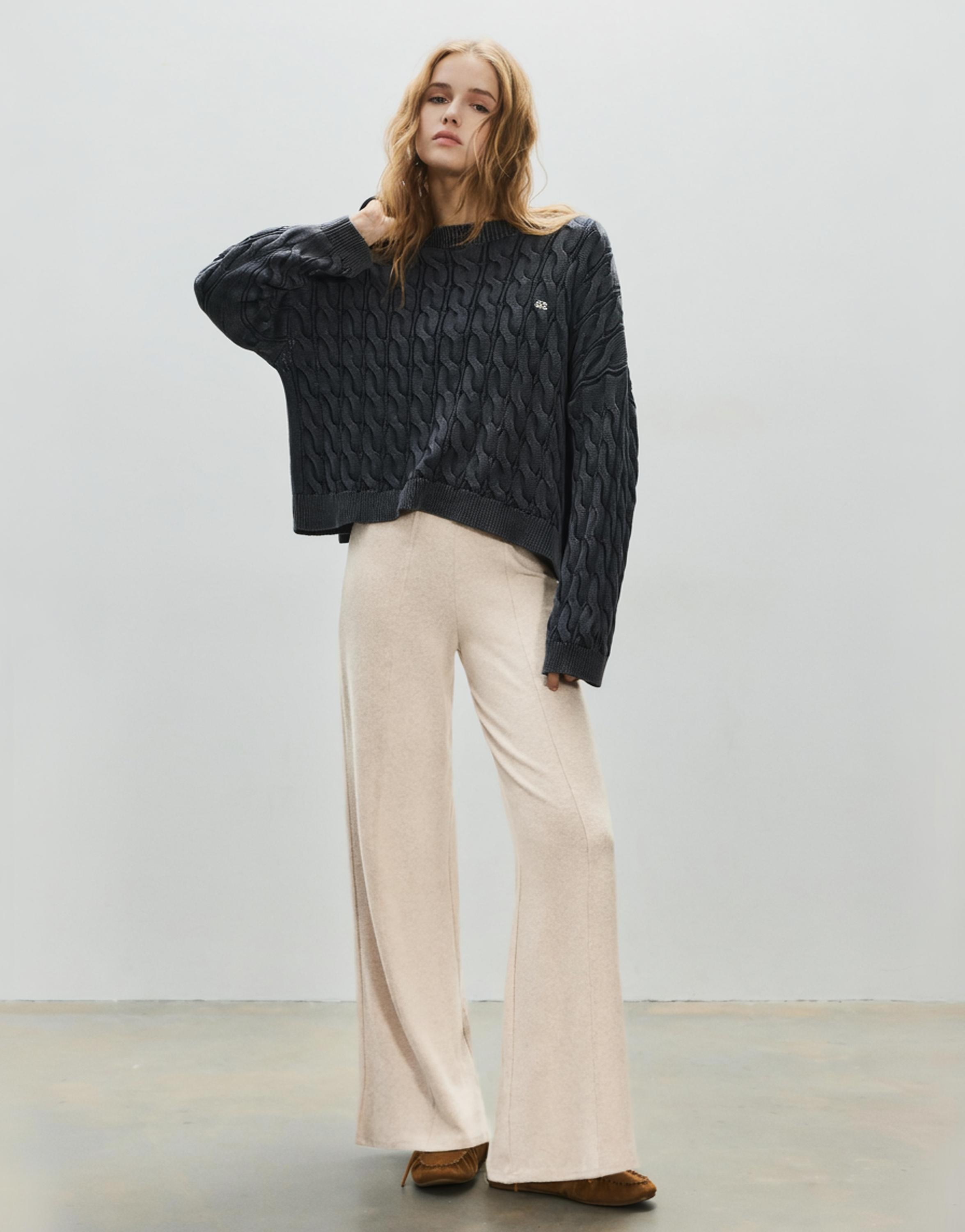 Wide-leg soft touch trousers — Ecru