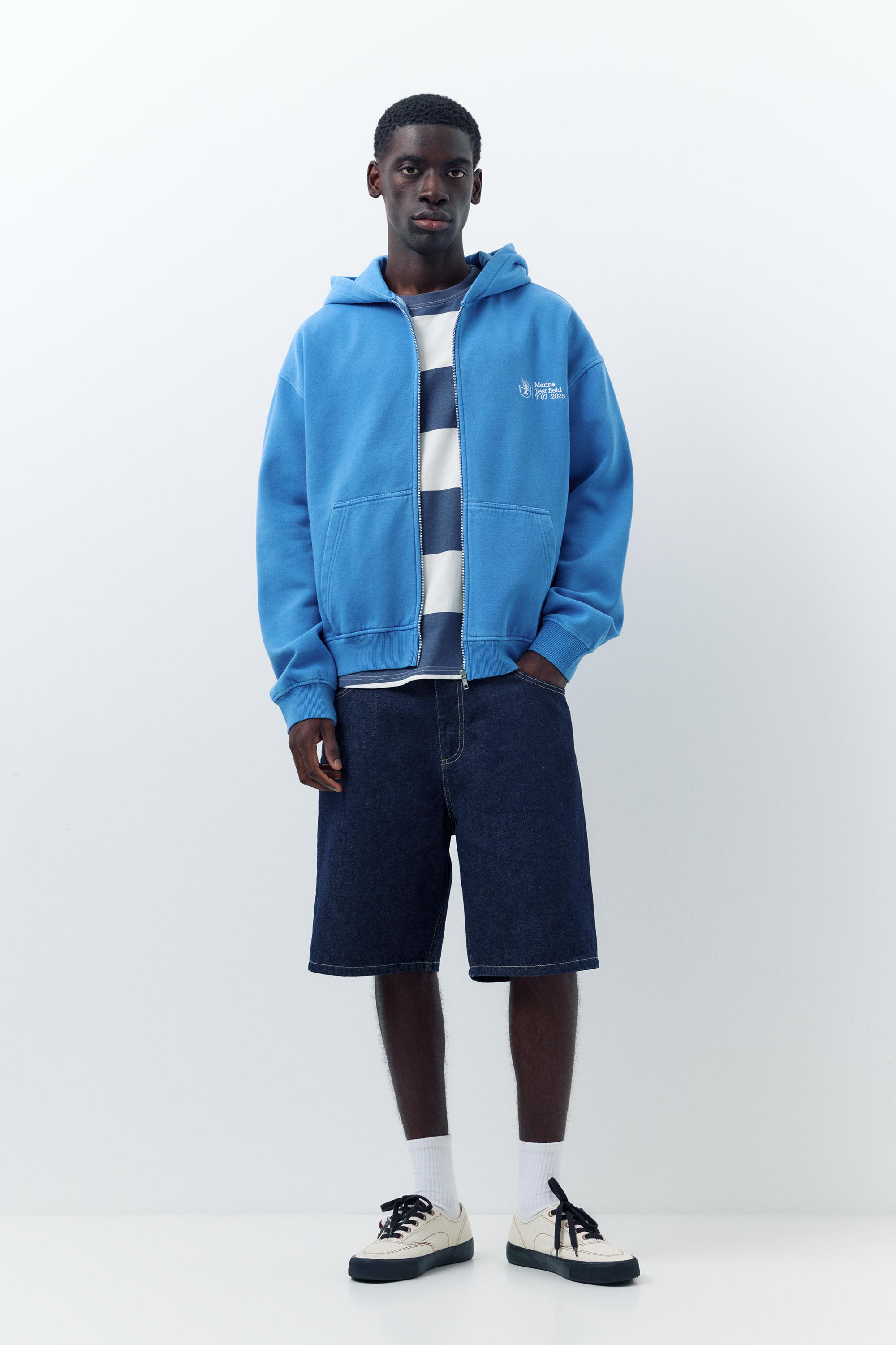 Fermuarlı mavi kapüşonlu sweatshirt - Görsel 11