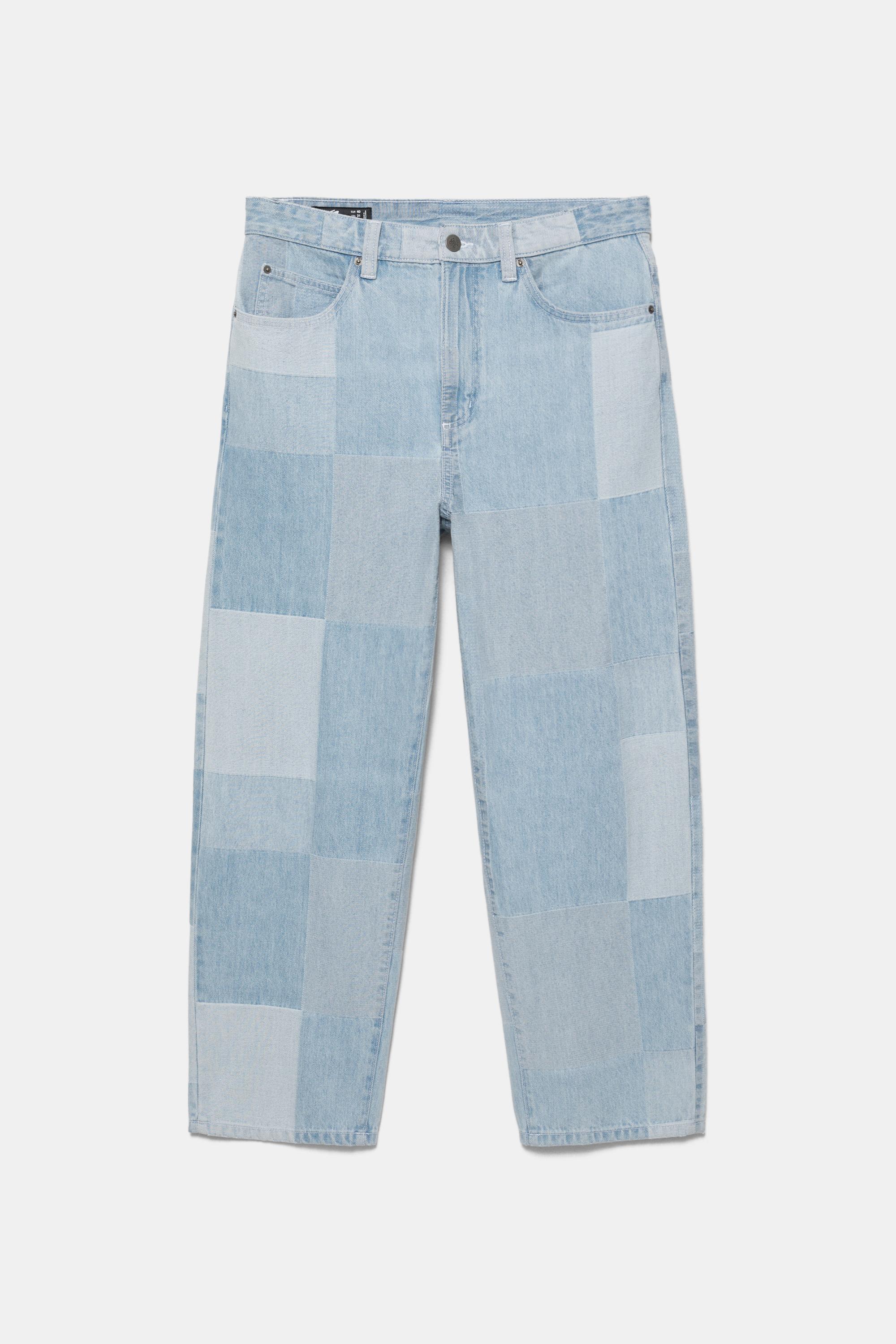 Baggy patchwork check jeans — Pale indigo