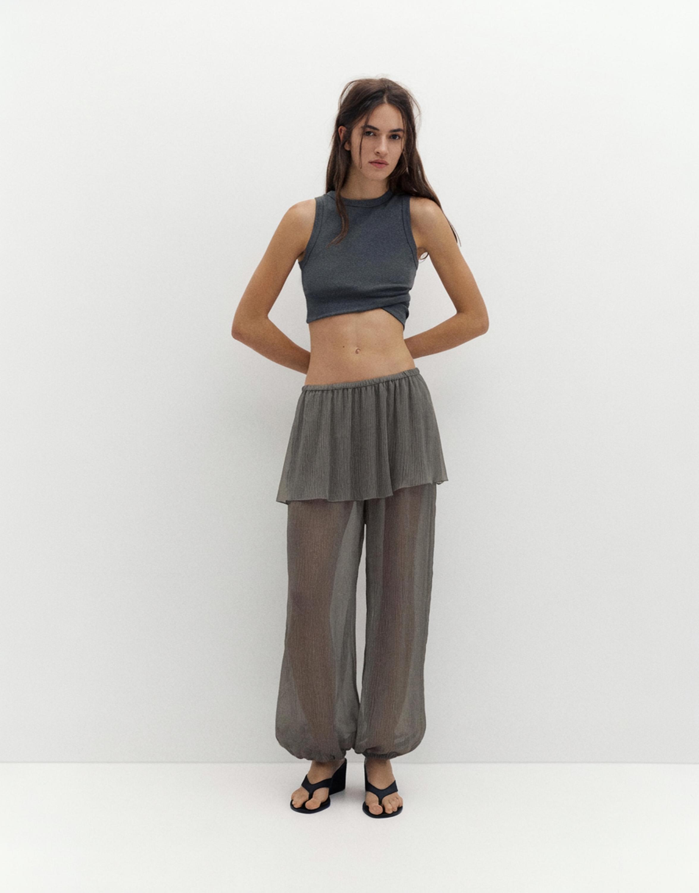 Sarouel trousers with skirt detail — Grey marl