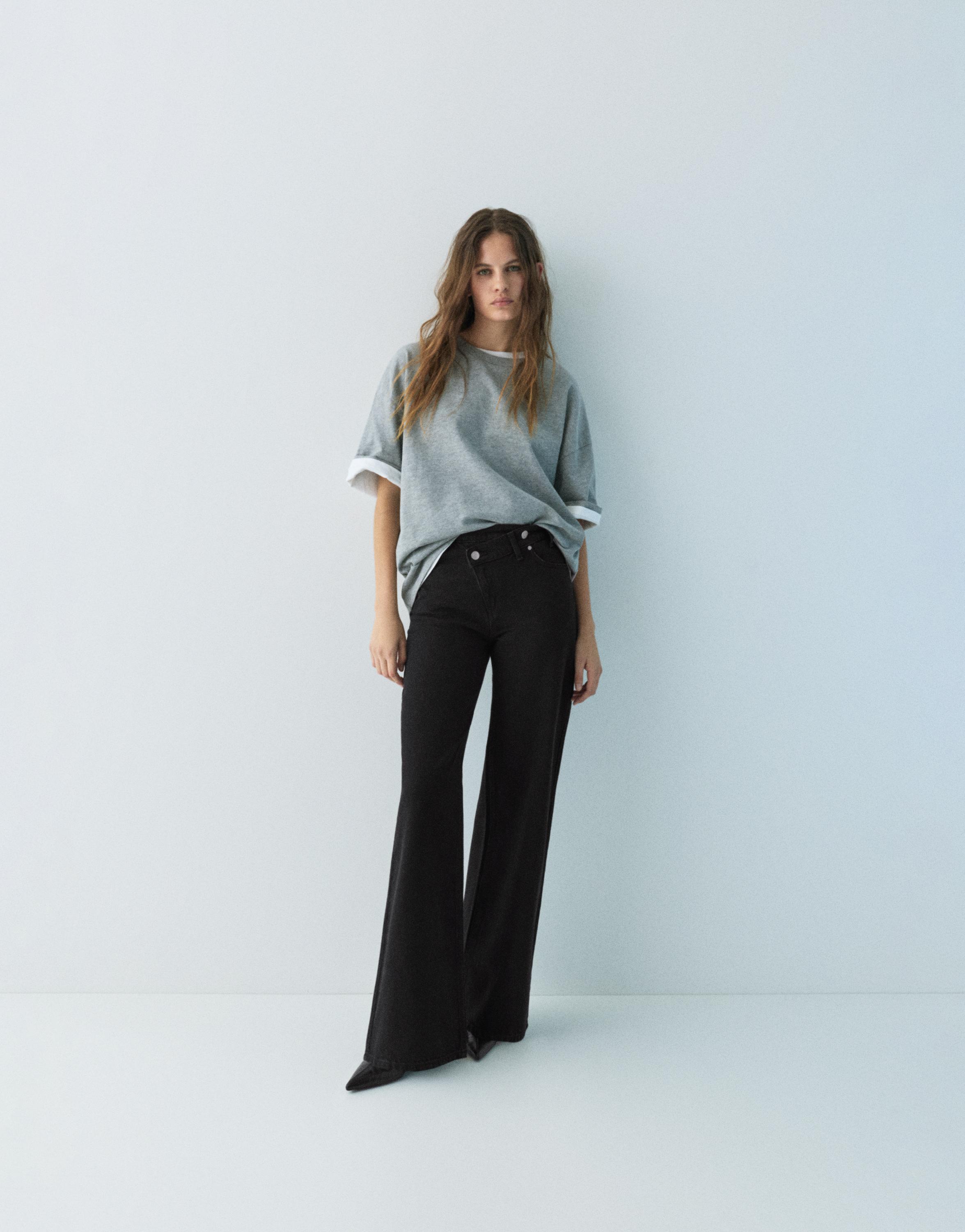 Wide leg jeans with crossover waistband — Black