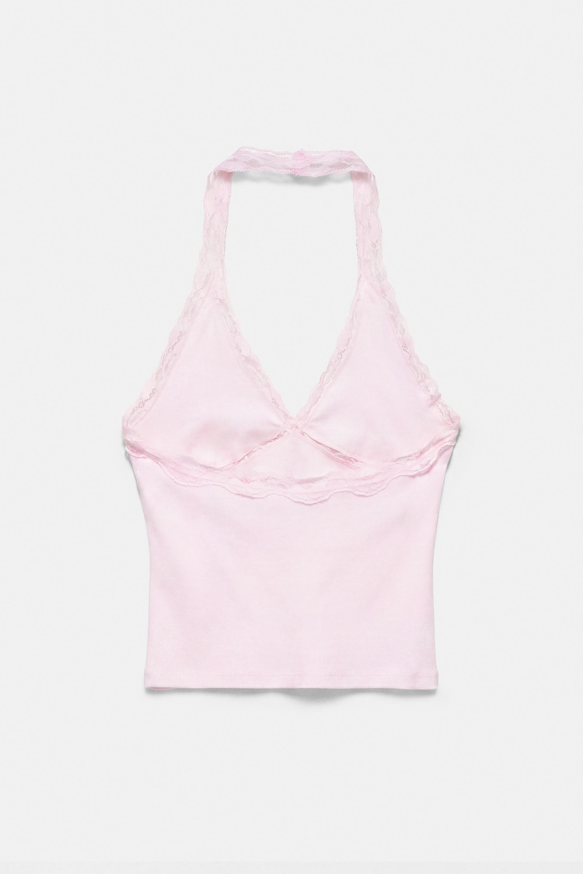 Lace-trimmed halter top — Pink
